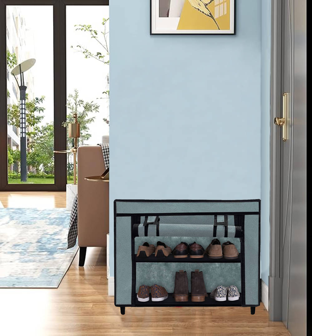     			2_Tier Grey ShoeRack with Metal Pipes,Plastic Connectors & NonWoven Fabric Cover