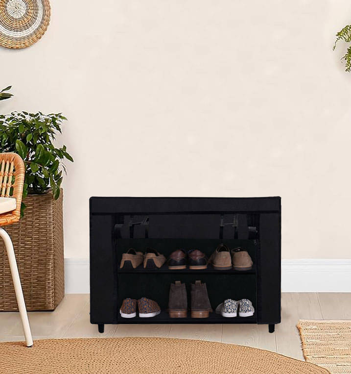     			2Tier Black ShoeRack with Metal Pipes,Plastic Connectors & NonWoven Fabric Cover