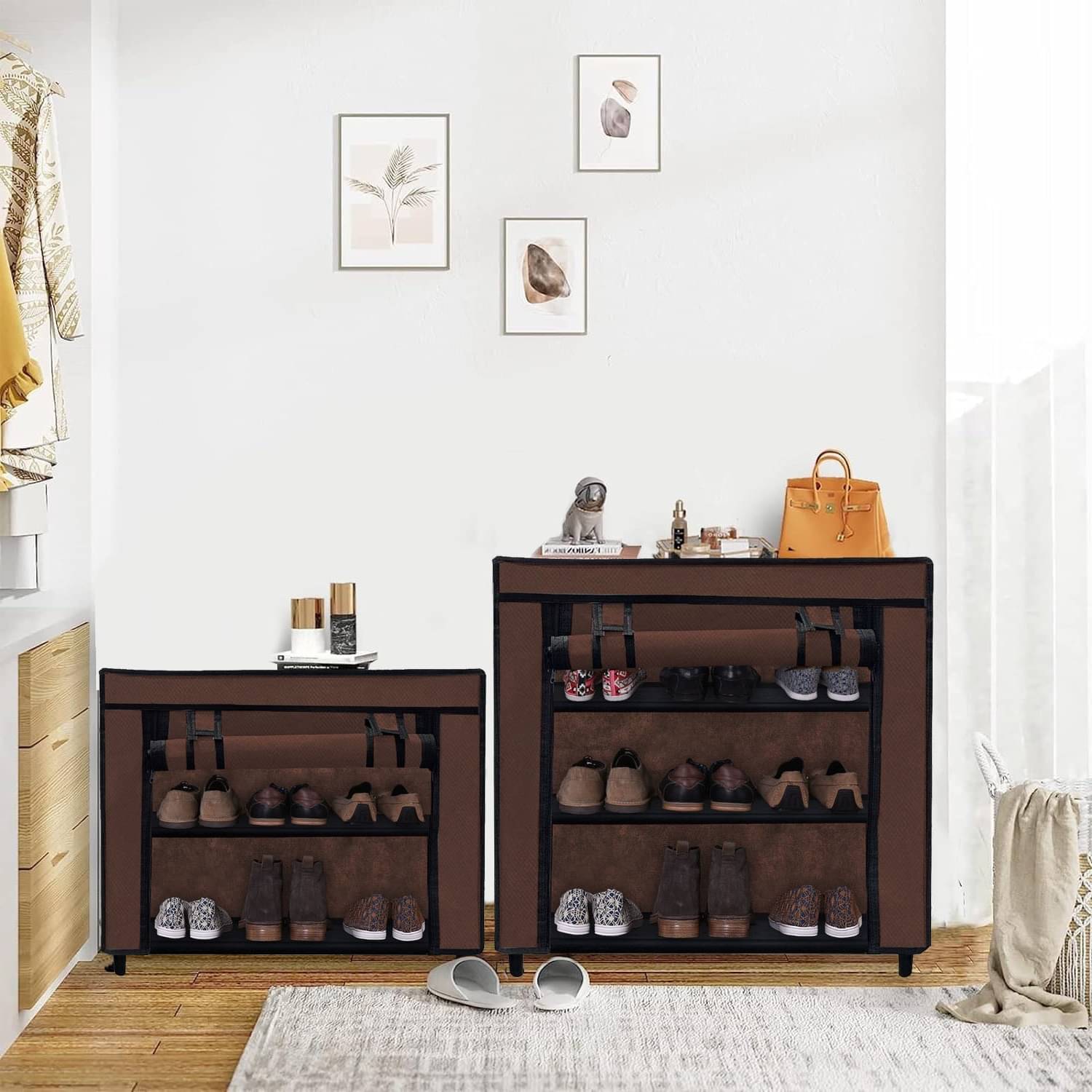     			2Tier Brown ShoeRack with Metal Pipes,Plastic Connectors & NonWoven Fabric Cover
