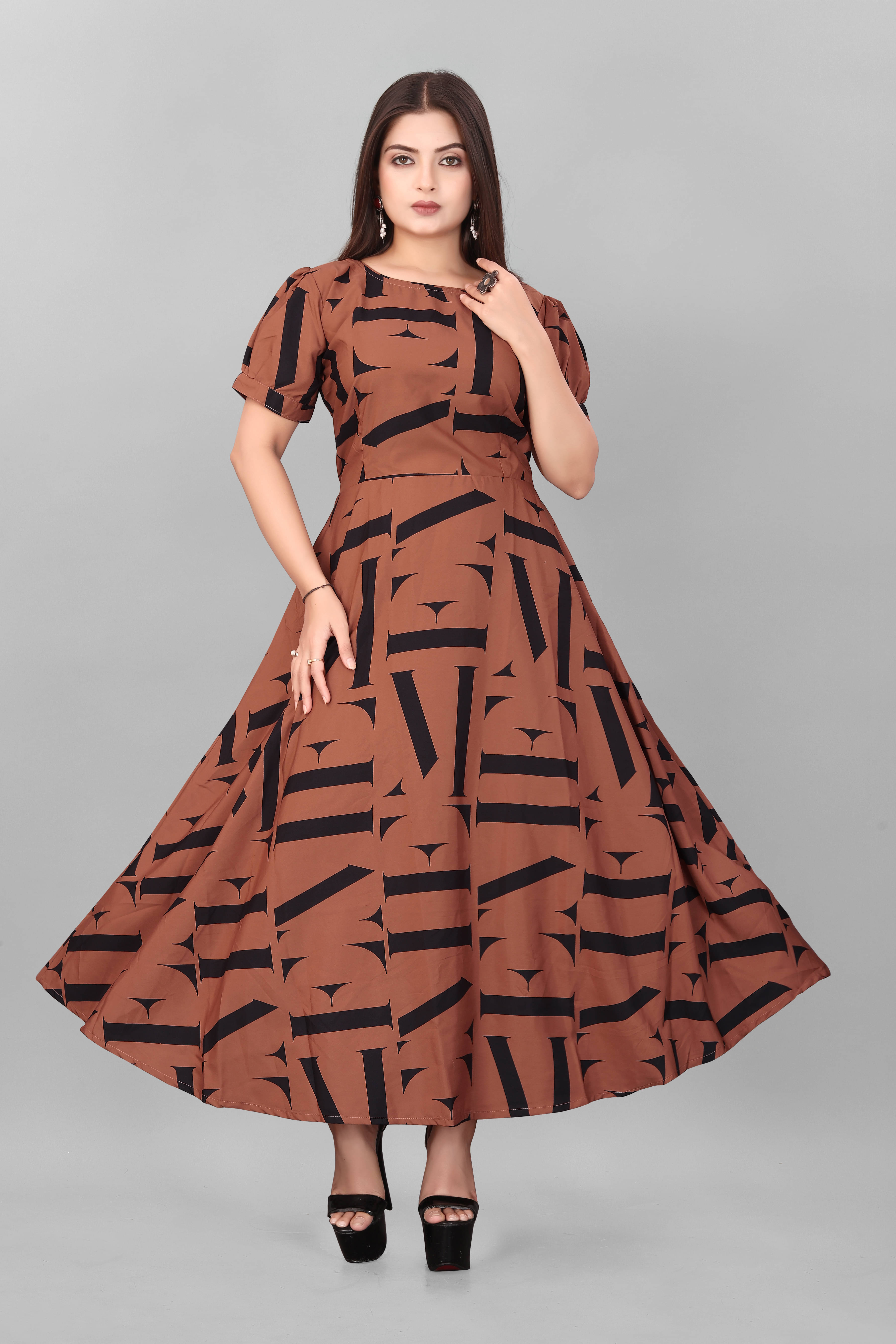 2V BROTHERS Women Crepe Printed A-line Dress ( Brown ) 2V BROTHERS Women Crepe Printed A-line Dress ( Brown )