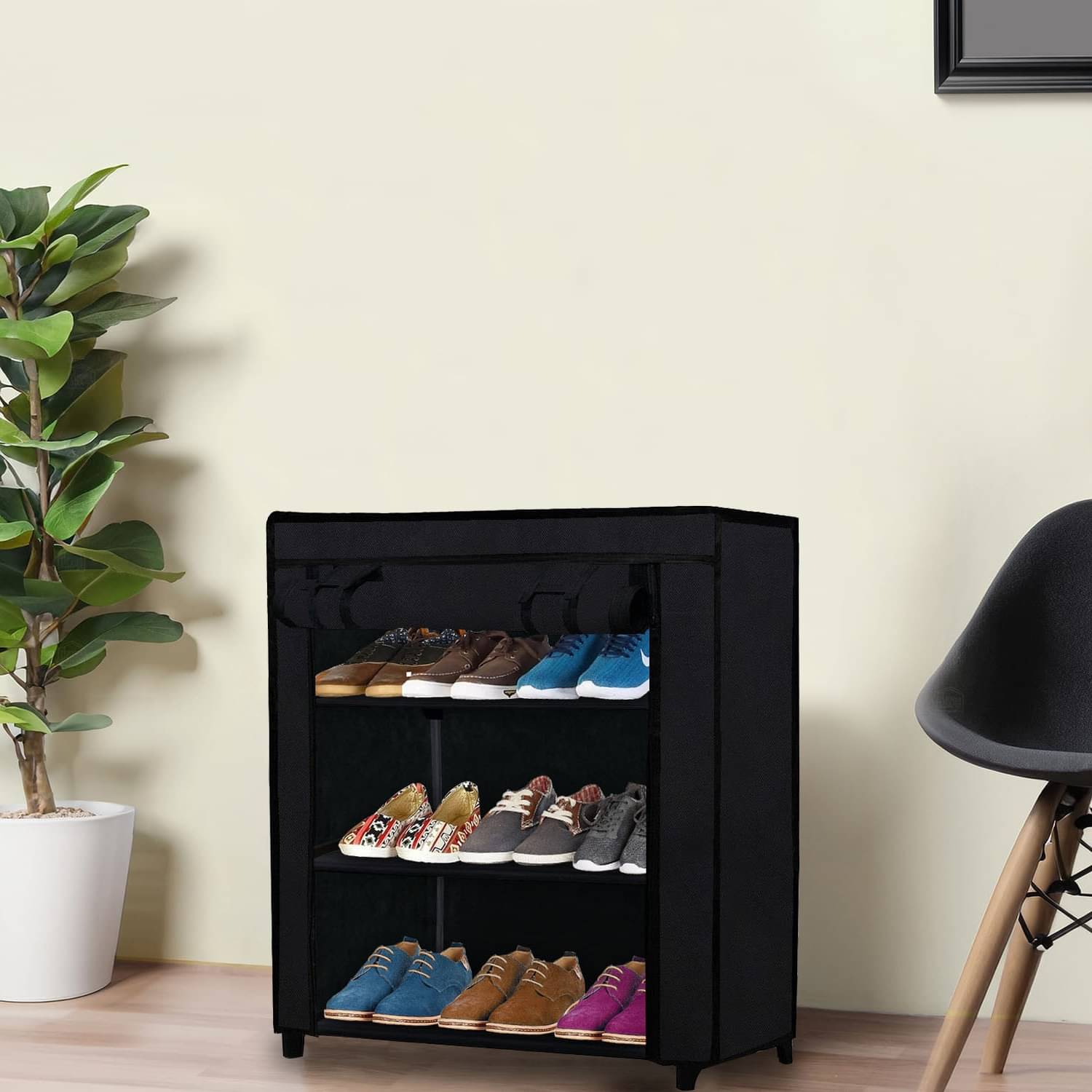     			3 Layer Black Compact Shoe Rack for Closet – Fabric & Metal Build