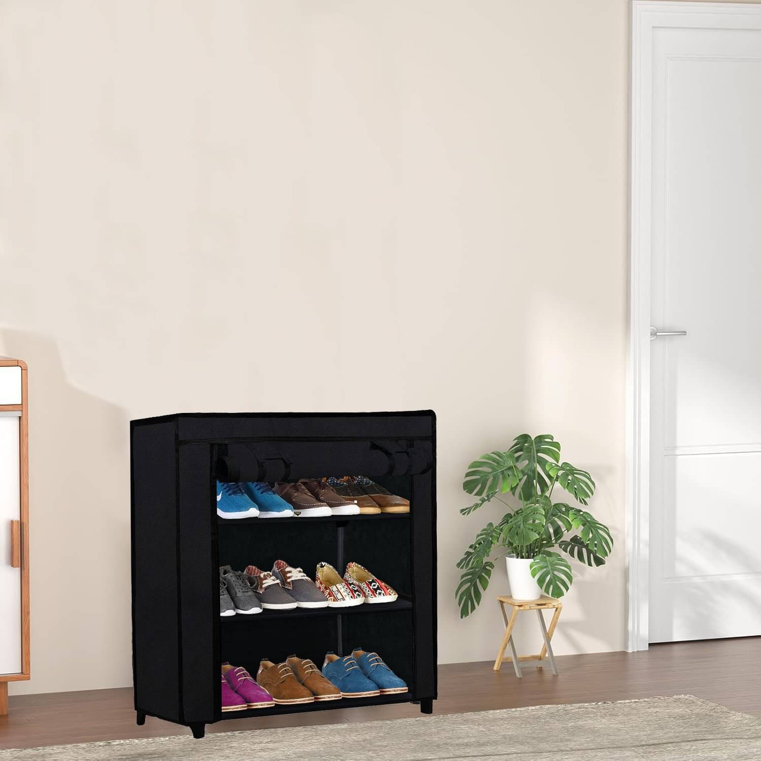     			3 Layer Black Dustproof Shoe Cabinet – Covered Fabric with Metal Tubing