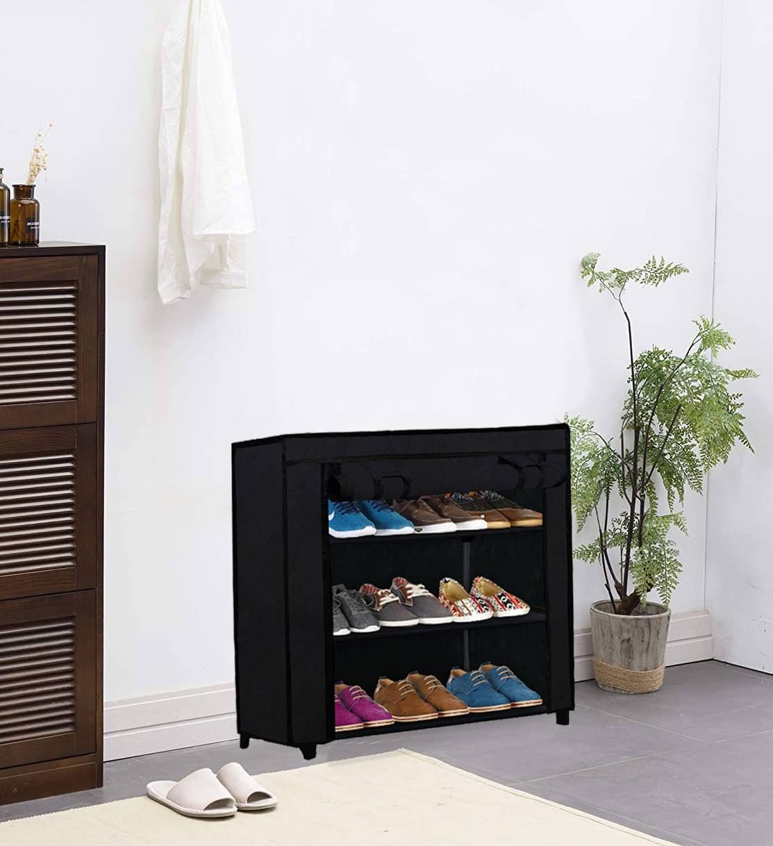     			3 Layer Black Eco-Friendly Fabric Shoe Rack – Compact Storage Solution