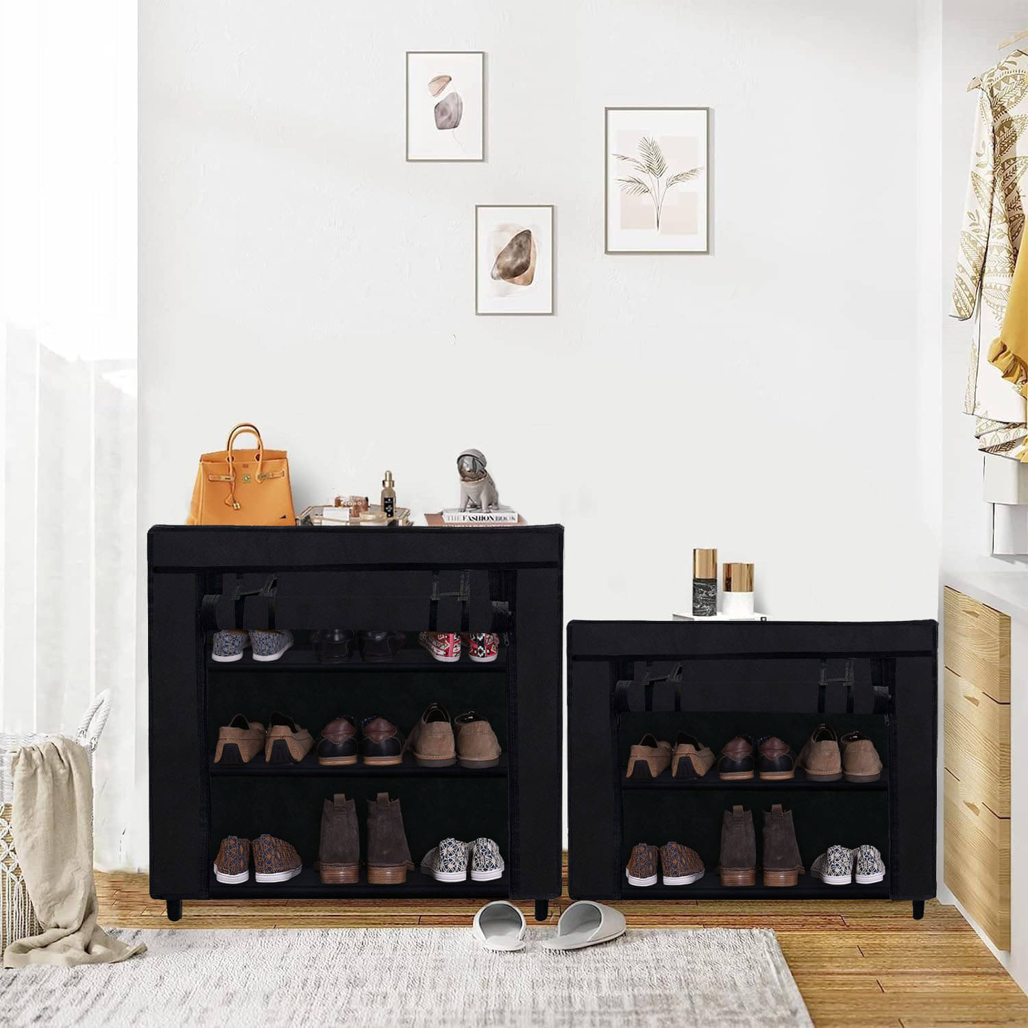     			3 Layer Black Free Standing Shoe Rack – Fabric Layers, Metal Frame
