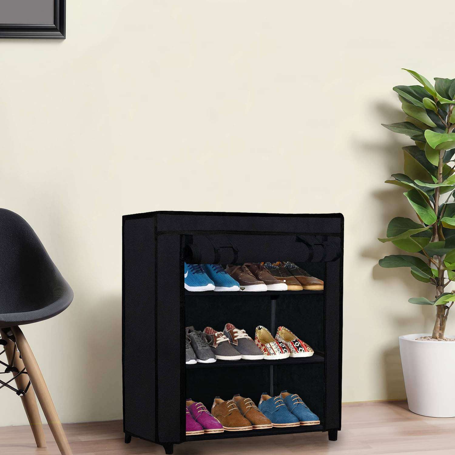     			3 Layer Black Modern Shoe Rack – Fabric Covered, Metal Tubing