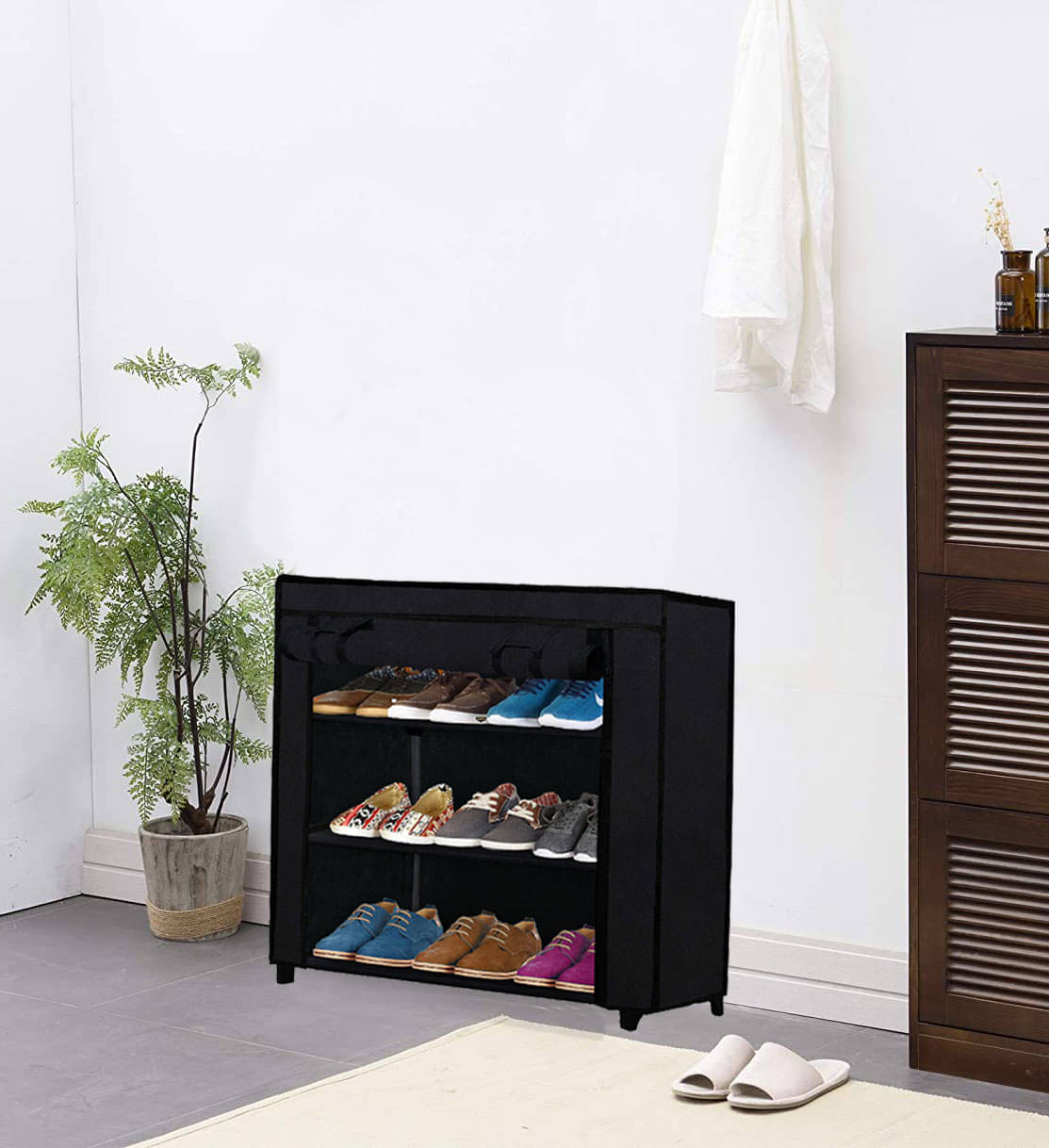     			3 Layer Black  Shoe Rack with Fabric Shelves & Cover– Space Saving Organizer