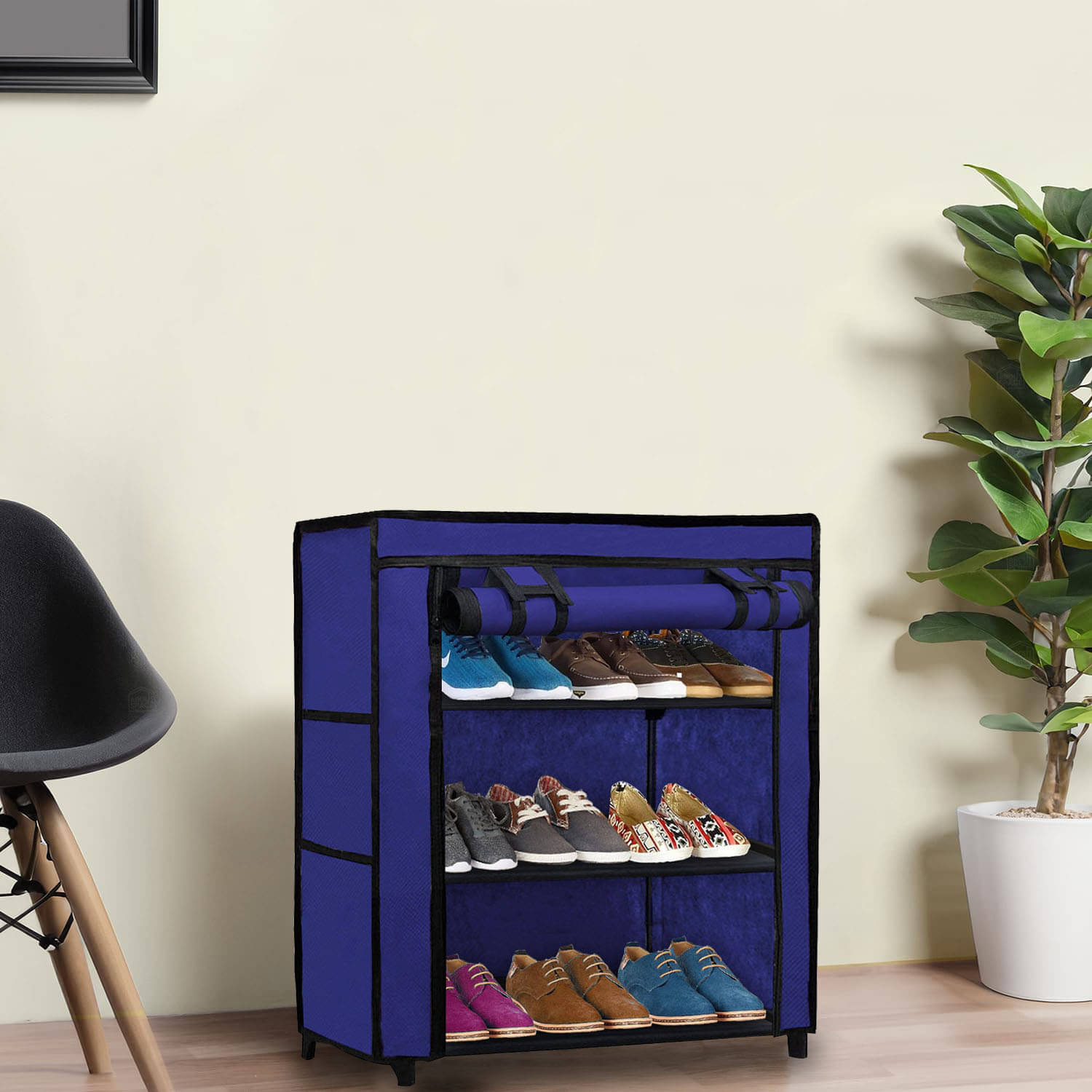     			3 Layer Blue Lightweight Fabric Shoe Rack with Anti-Rust Metal Frame