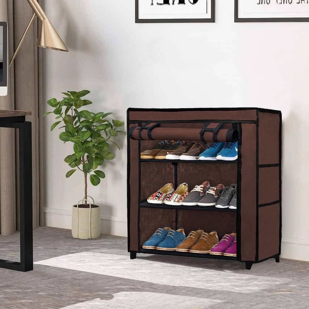     			3 Layer Brown DIY Adjustable Shoe Rack with Fabric & Tubes