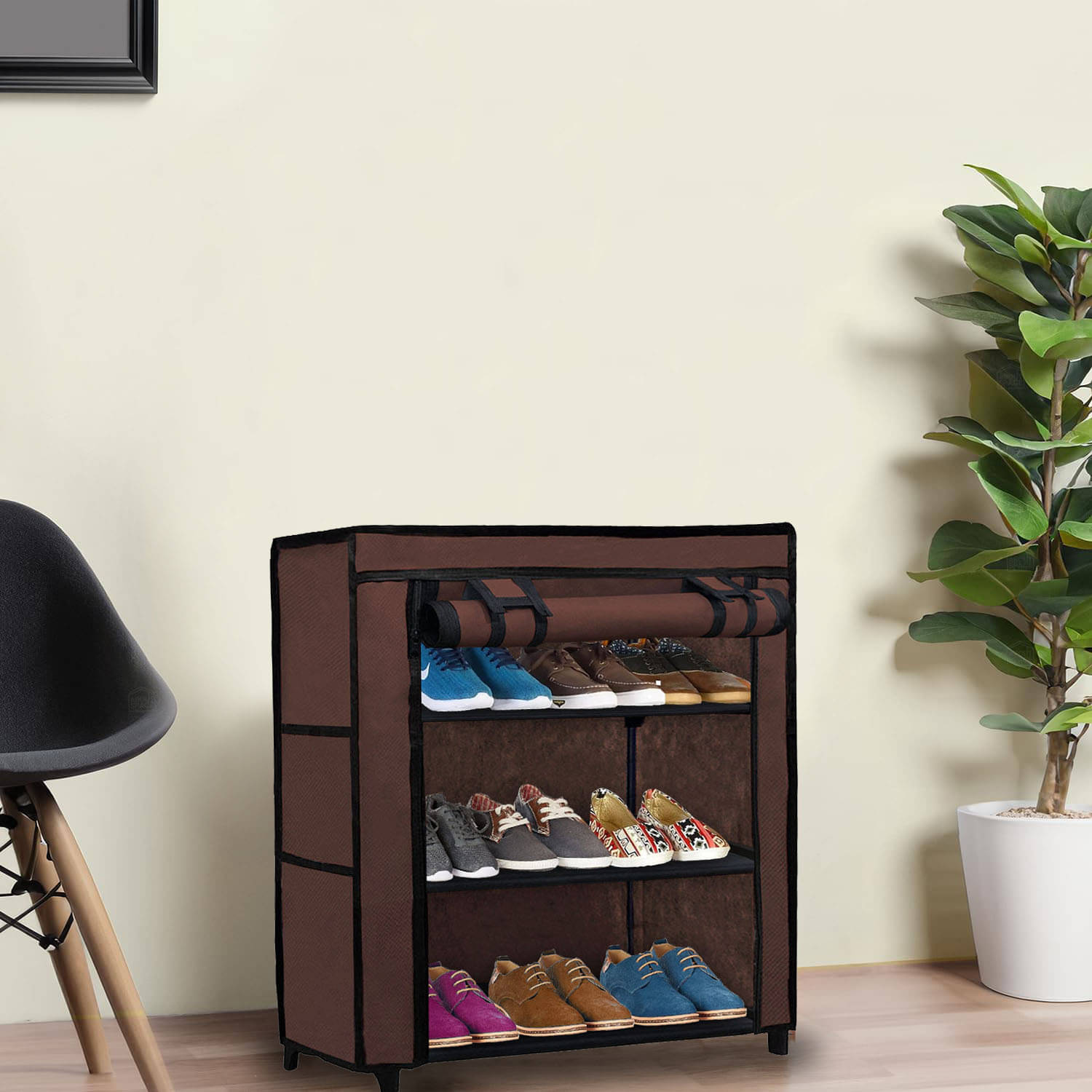     			3 Layer Brown Eco-Friendly Fabric Shoe Rack – Compact Storage Solution