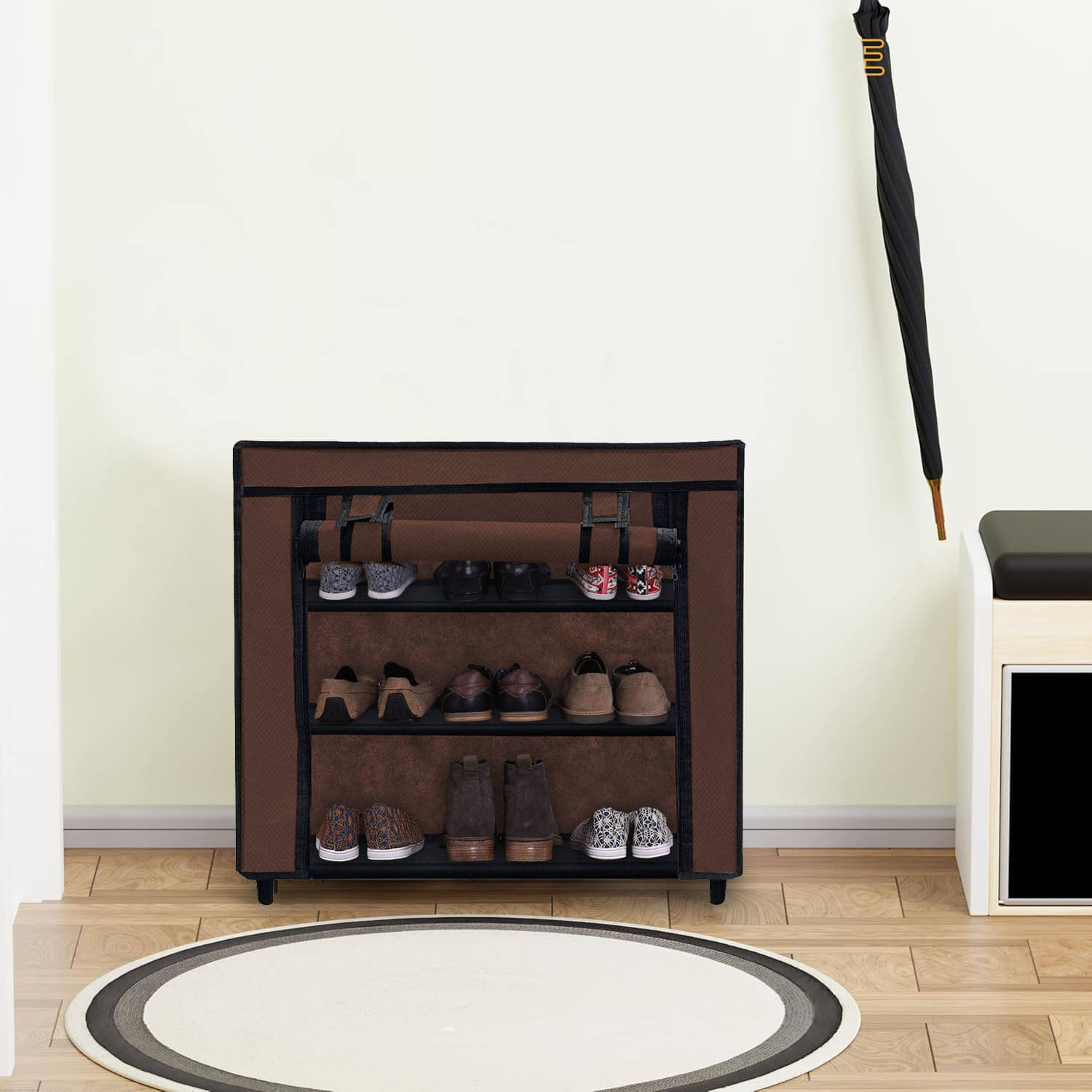     			3 Layer Brown Entry Shoe Rack – Stylish, Fabric Shelves with Metal Frame