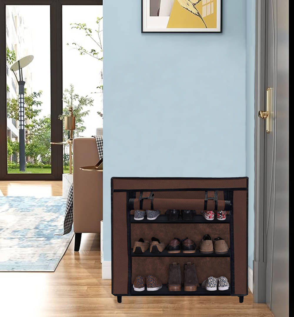     			3 Layer Brown Fabric Shoe Rack – Tall, Slim & Sleek Design