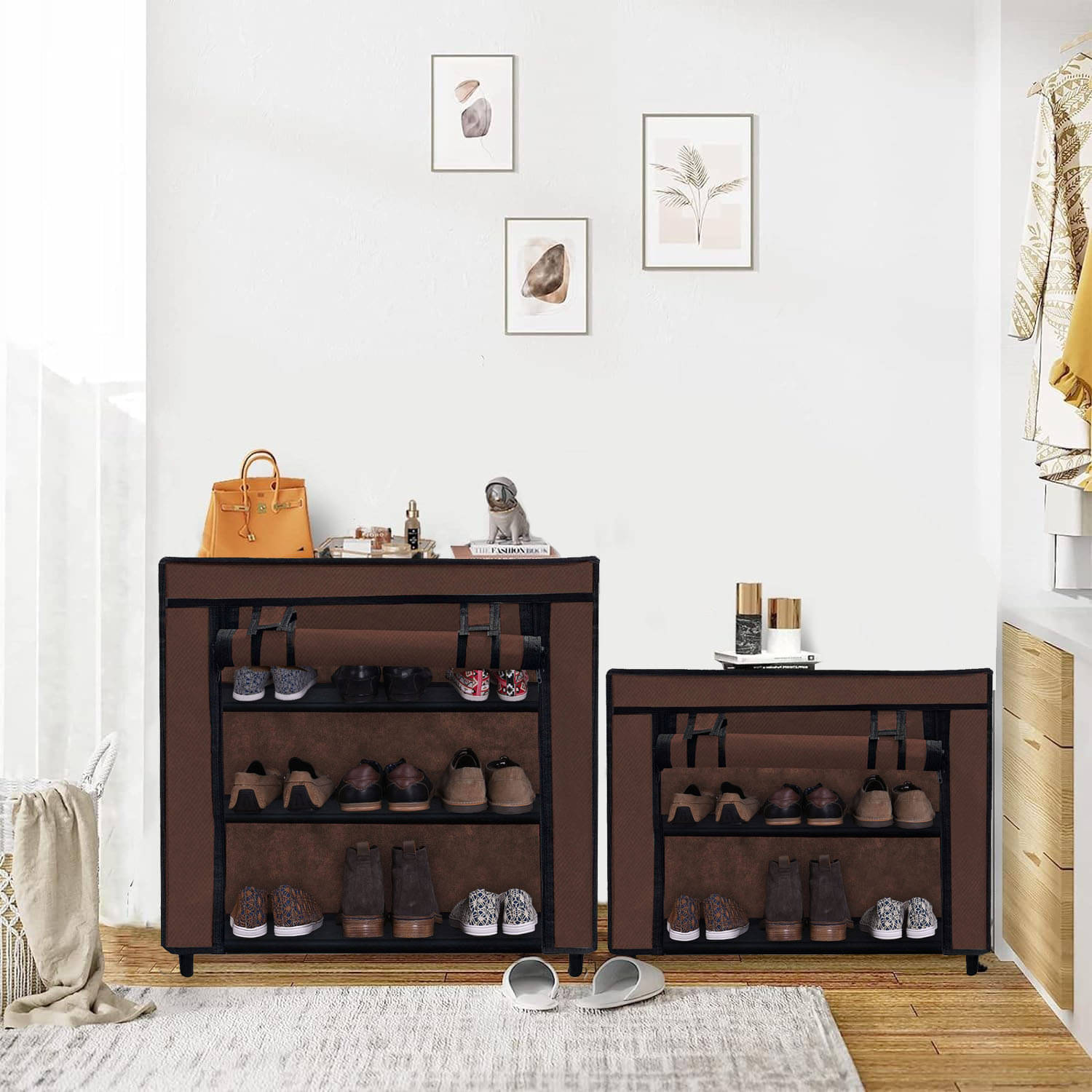     			3 Layer Brown Free Standing Shoe Rack – Fabric Layers, Metal Frame
