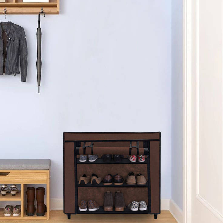     			3 Layer Entryway Metal Frame Shoe Rack With Brown Non-Woven Fabric Cover