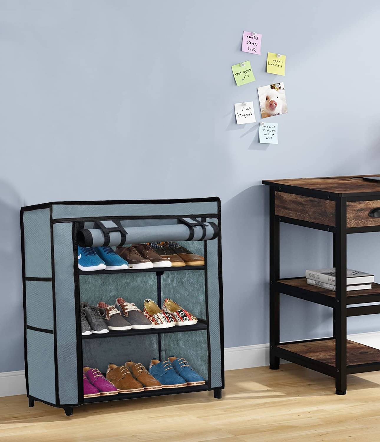     			3 Layer Grey Compact Shoe Rack for Closet – Fabric & Metal Build