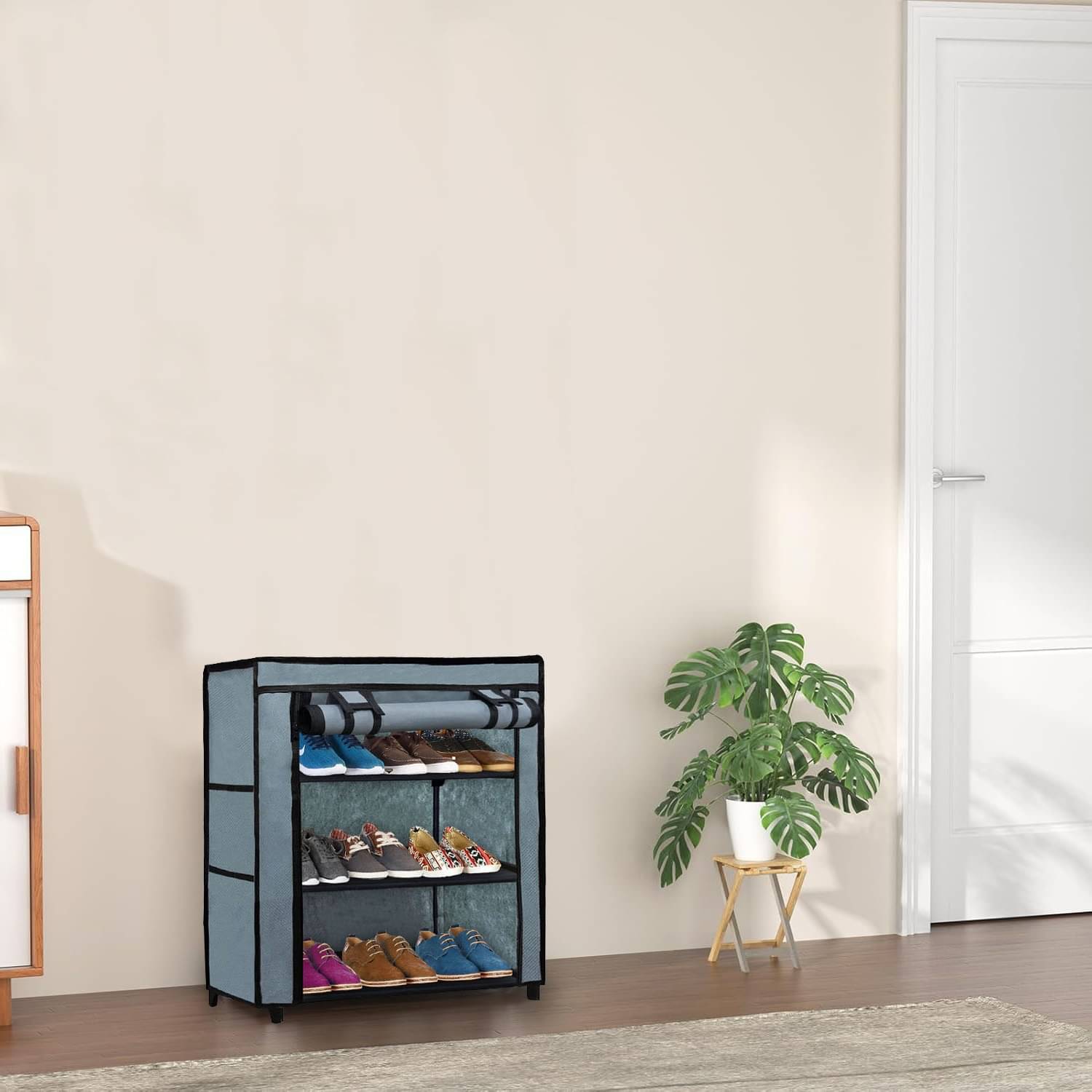     			3 Layer Grey DIY Adjustable Shoe Rack with Fabric & Tubes