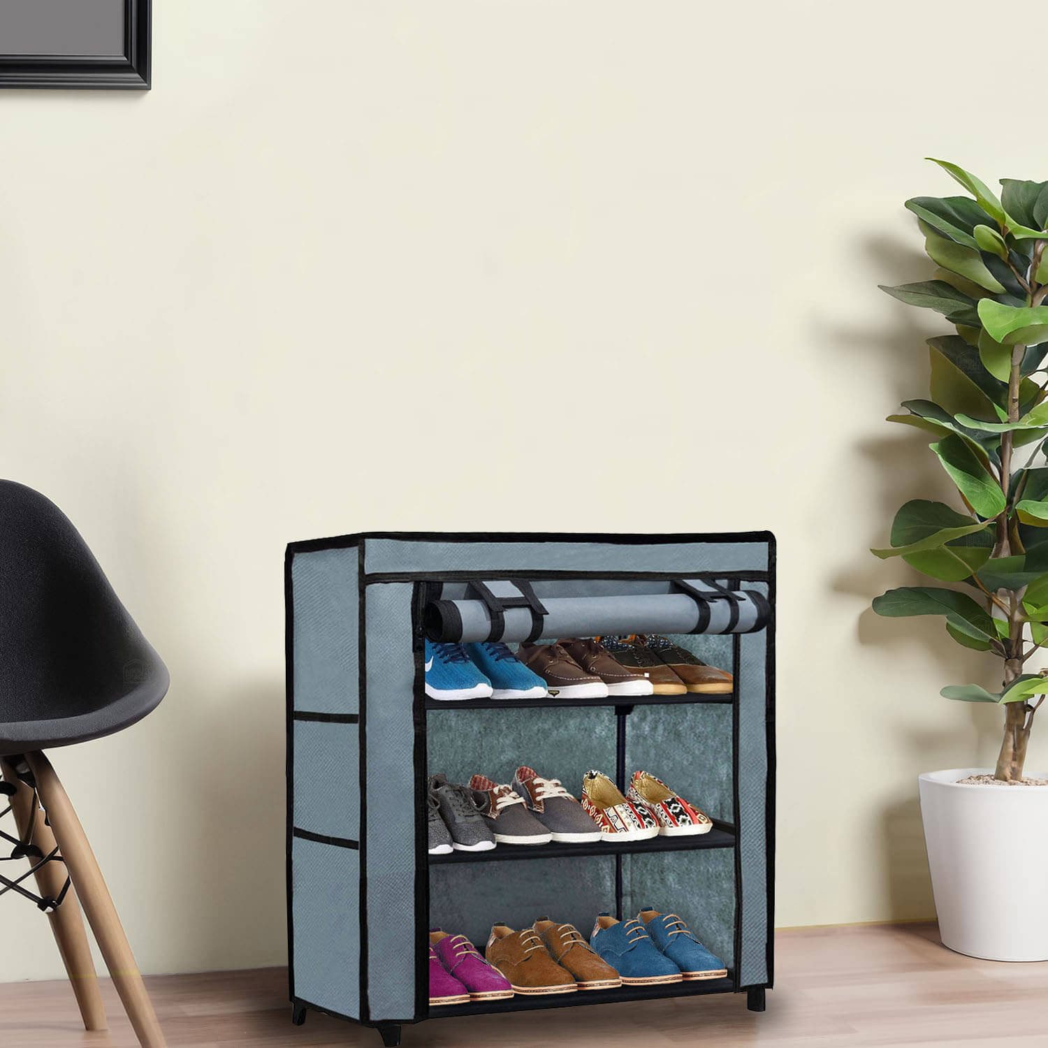     			3 Layer Grey Eco-Friendly Fabric Shoe Rack – Compact Storage Solution