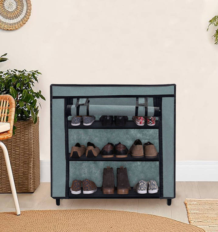     			3 Layer Grey Entry Shoe Rack – Stylish, Fabric Shelves with Metal Frame