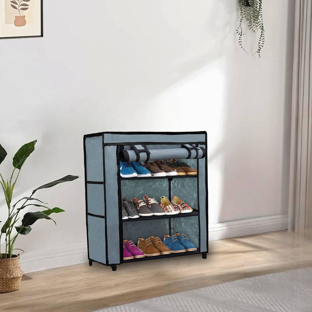     			3 Layer Grey Metal Shoe rack With Non Woven Fabric Cover
