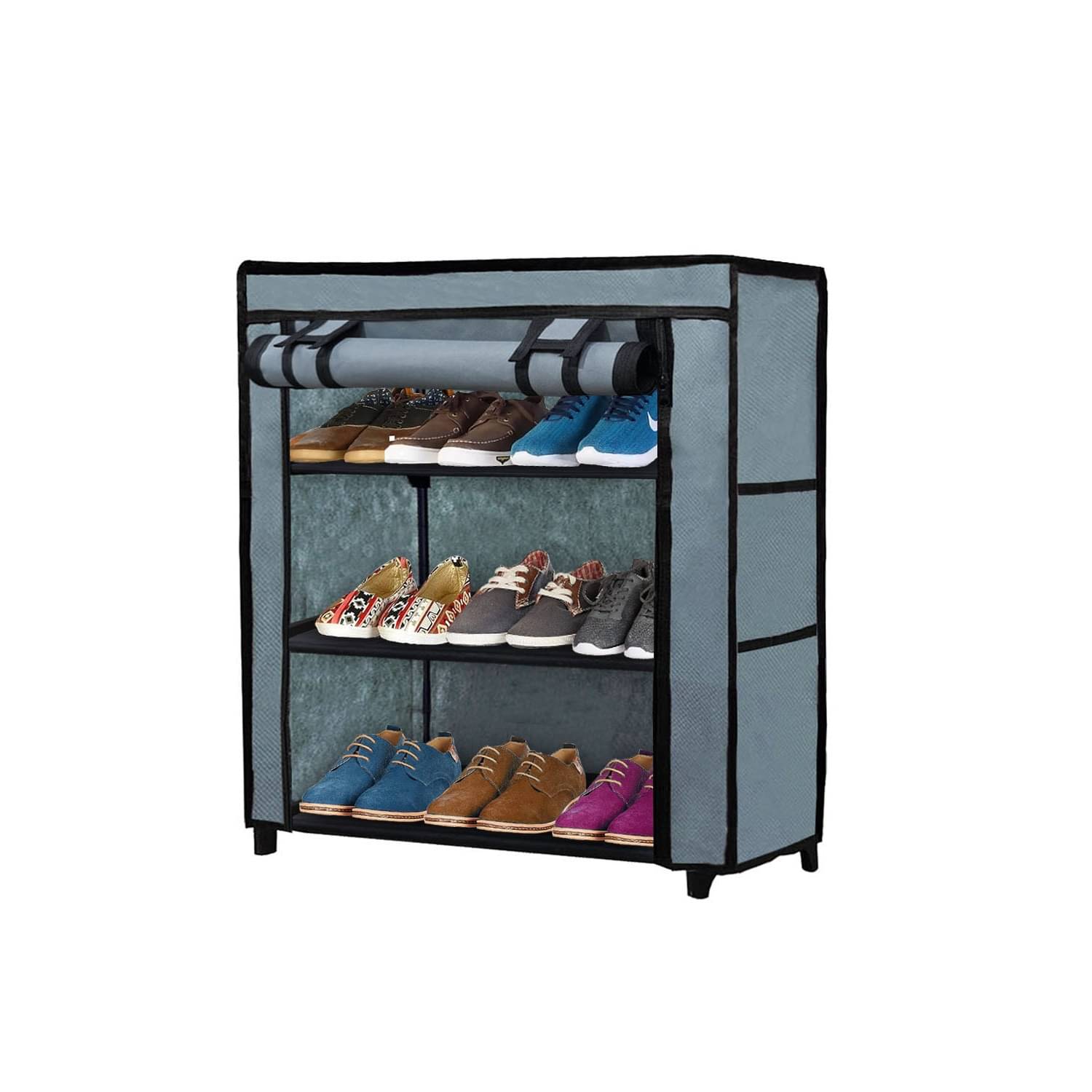     			3 Layer Grey  Shoe Rack with Fabric Shelves & Cover– Space Saving Organizer