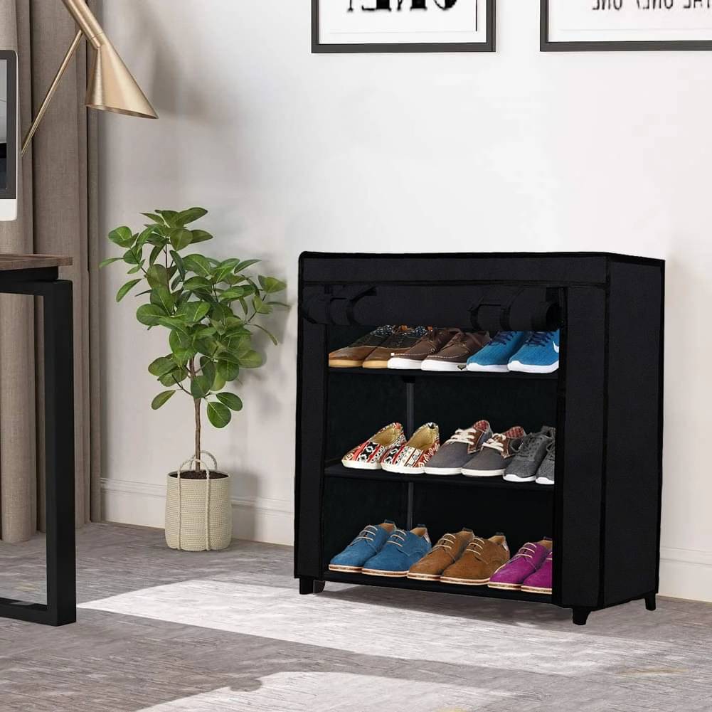     			3-Shelves Shoe Rack With Black Cover - Perfect for Entryway & Closet Storage