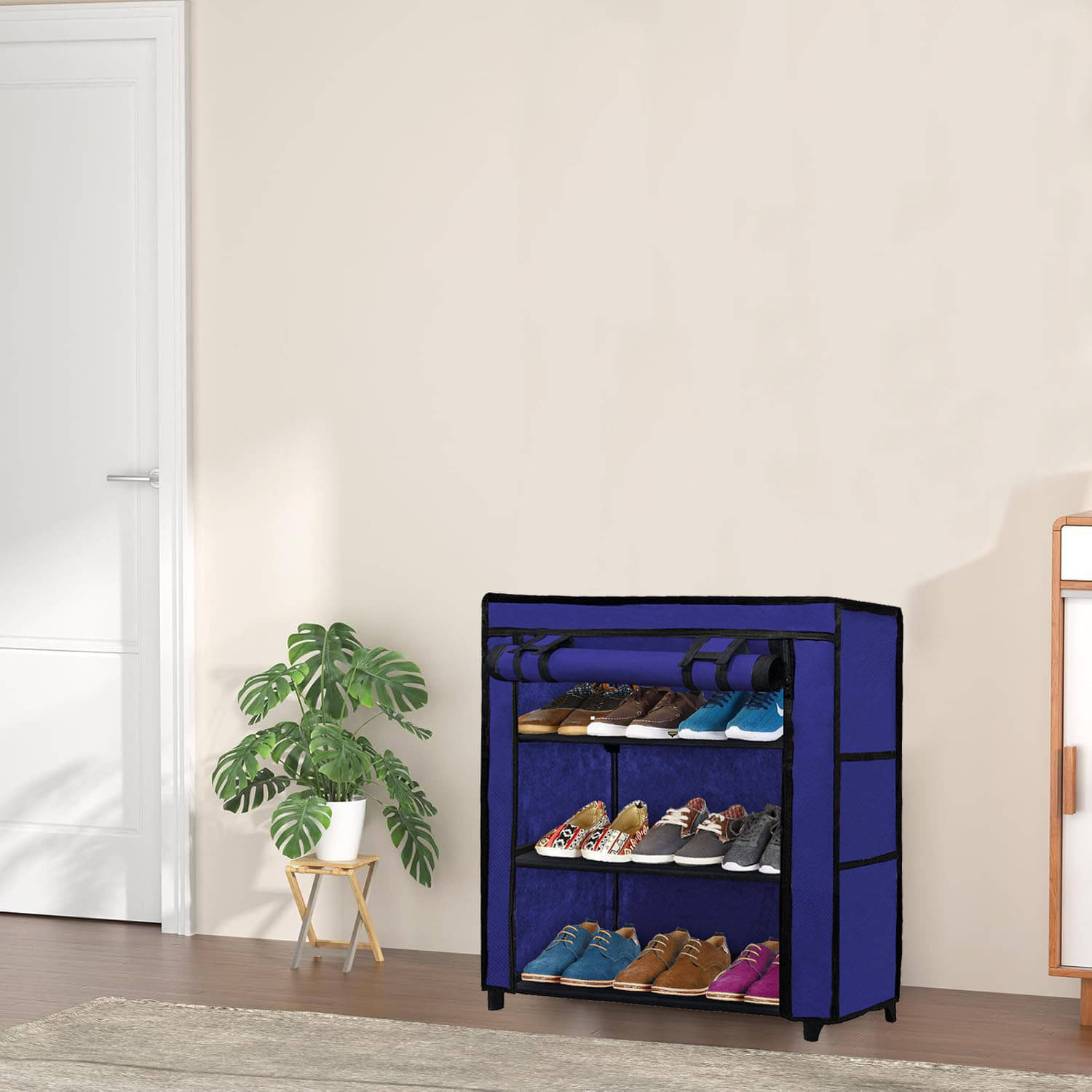     			3-Shelves Shoe Rack With Blue Cover - Perfect for Entryway & Closet Storage