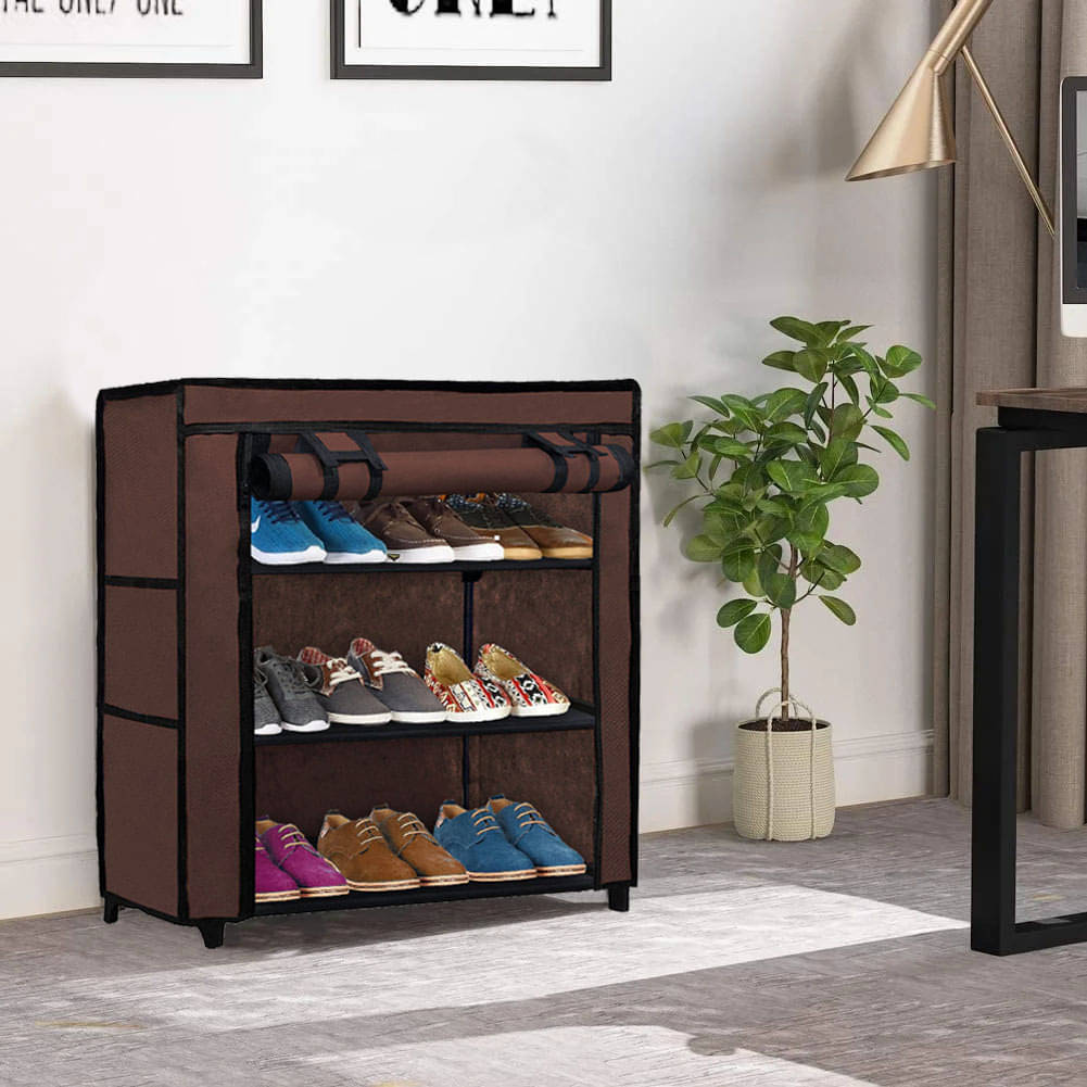     			3-Shelves Shoe Rack With Brown Cover - Perfect for Entryway & Closet Storage