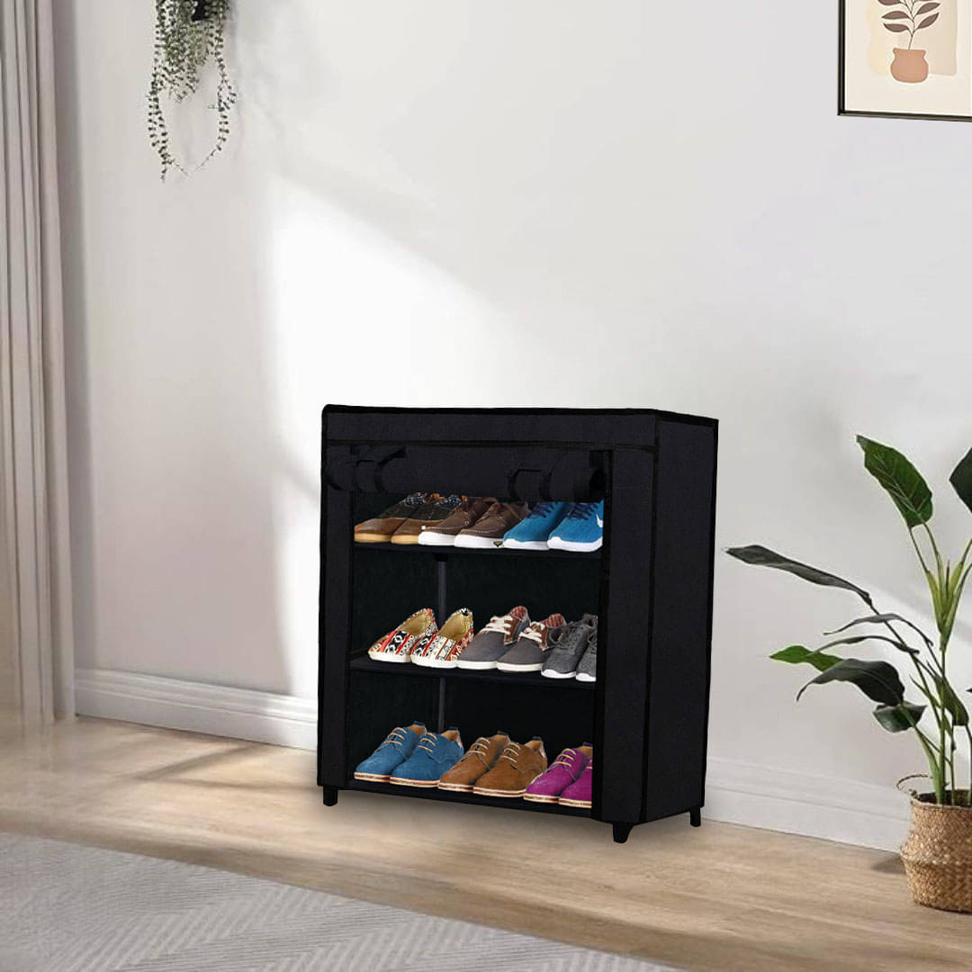     			3-Tier Black Expandable Shoe Shelf with Fabric Shelves & Covers