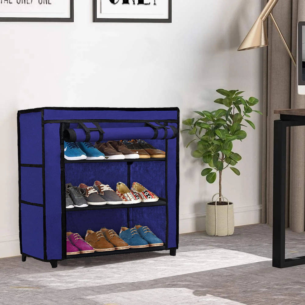     			3 Tier Blue Metal Frame Shoe Rack With Dustproof & Waterproof Cover