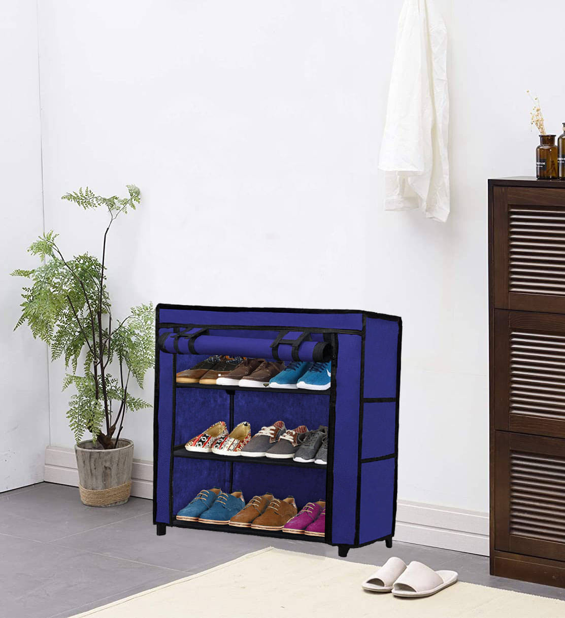     			3_Tier Blue ShoeRack with Metal Pipes,Plastic Connectors & NonWoven Fabric Cover