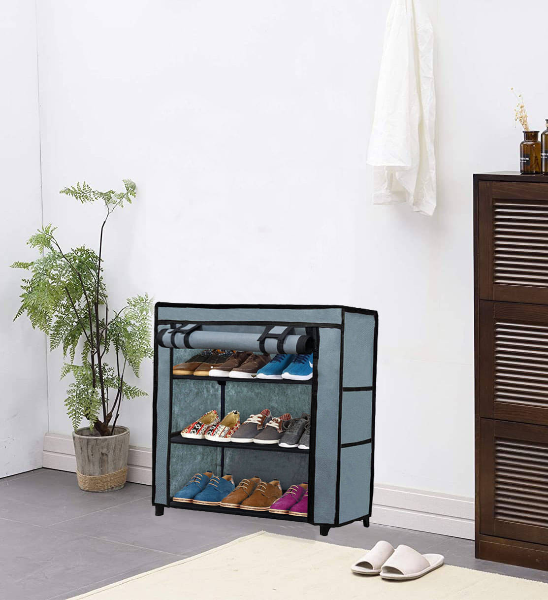     			3-Tier Grey Expandable Shoe Shelf with Fabric Shelves & Covers