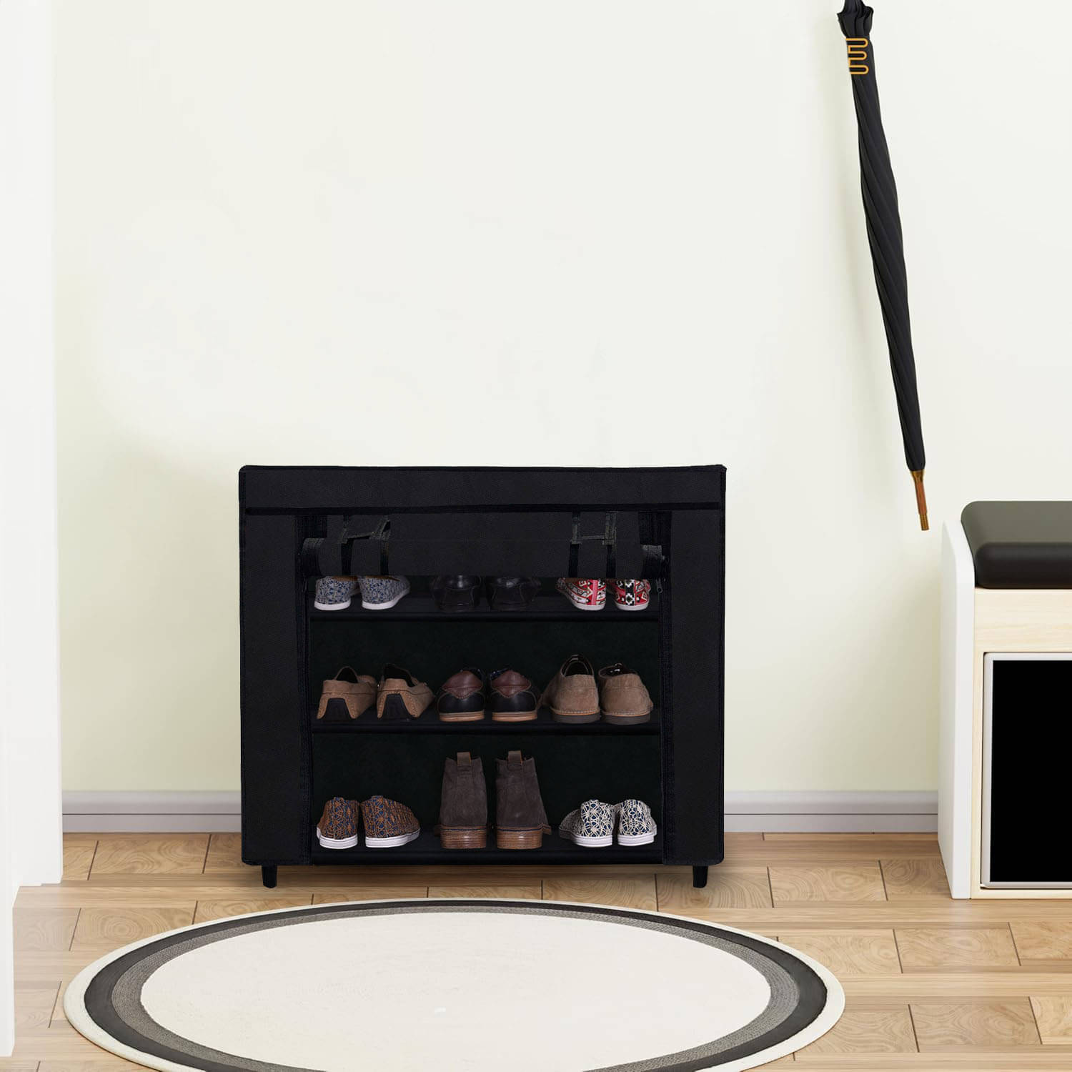     			3Tier Black ShoeRack with Metal Pipes,Plastic Connectors & NonWoven Fabric Cover