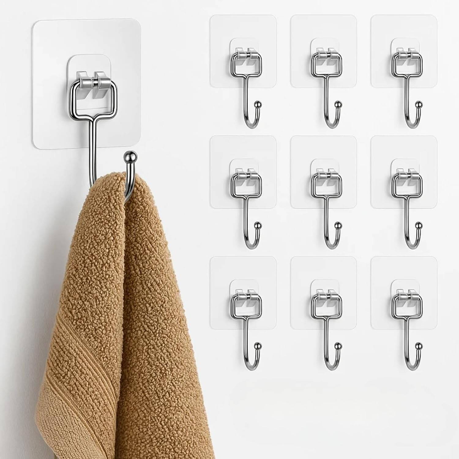    			Big Size Transparent Wall Hooks for Hanging – Heavy Duty Stainless Steel Adhesive Hooks for Bathroom, Kitchen, Towel, Utensils & Keys – Waterproof, No Drilling Required (Pack of 10)