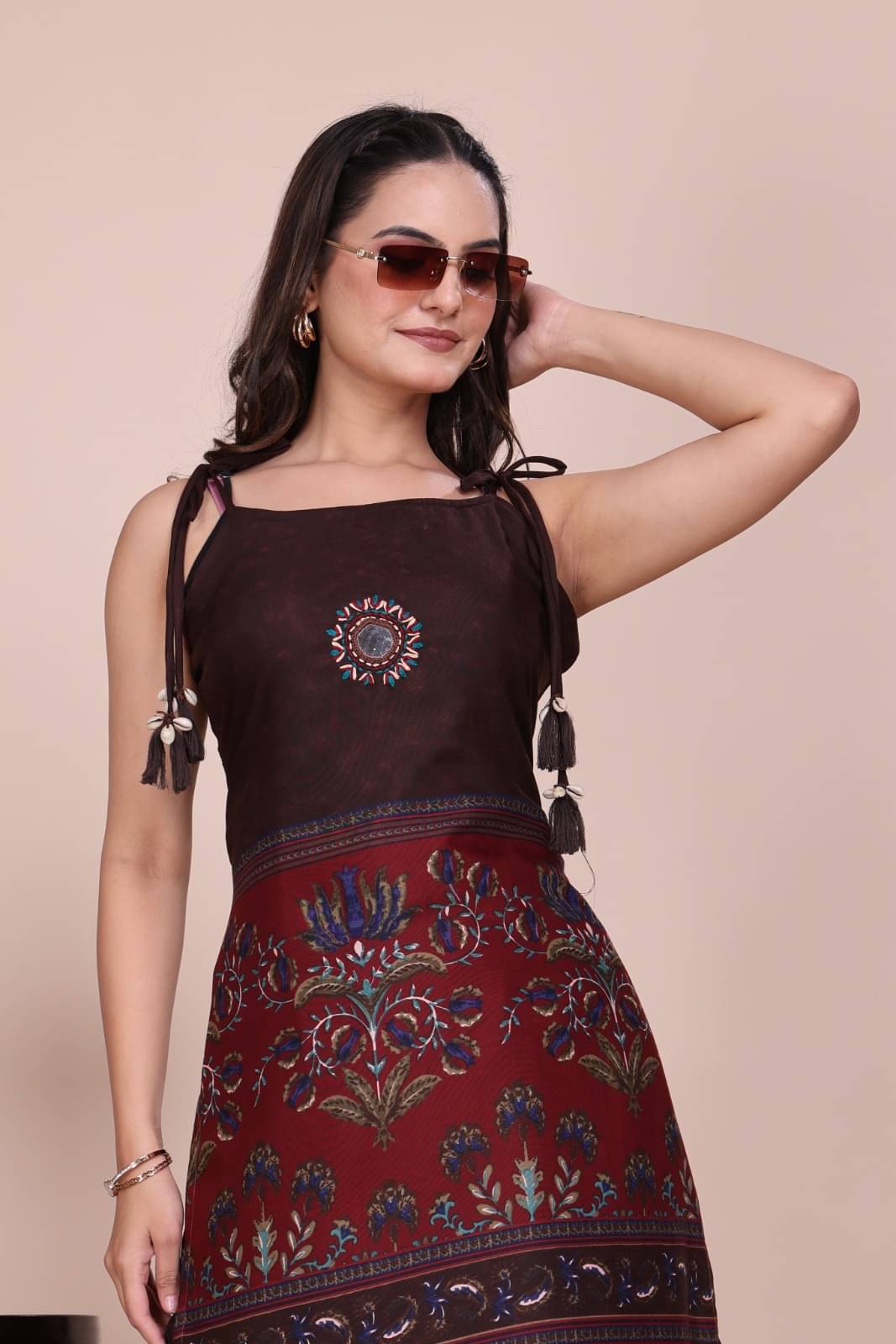     			DOJIN Women Printed Top With Palazzos Co-Ord Set ( Maroon )