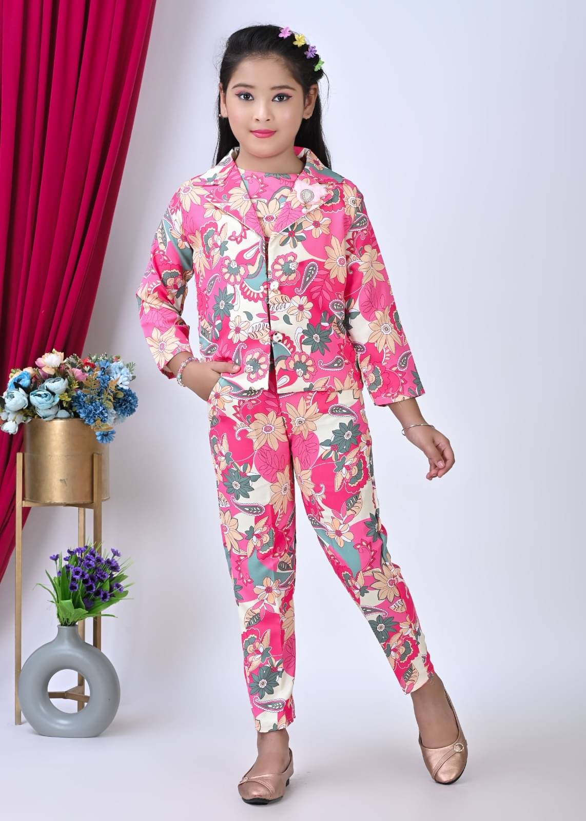     			DS DRESSES Cotton Printed Coat With Trouser Co-Ord Set For Girls ( Pink )