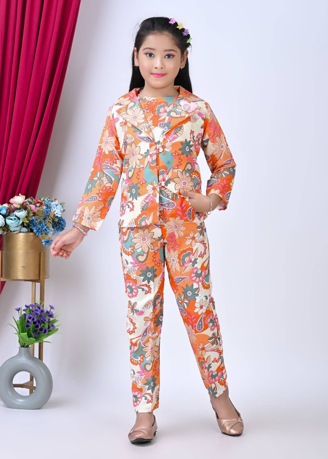     			DS DRESSES Cotton Solid Coat With Trouser Co-Ord Set For Girls ( Orange )
