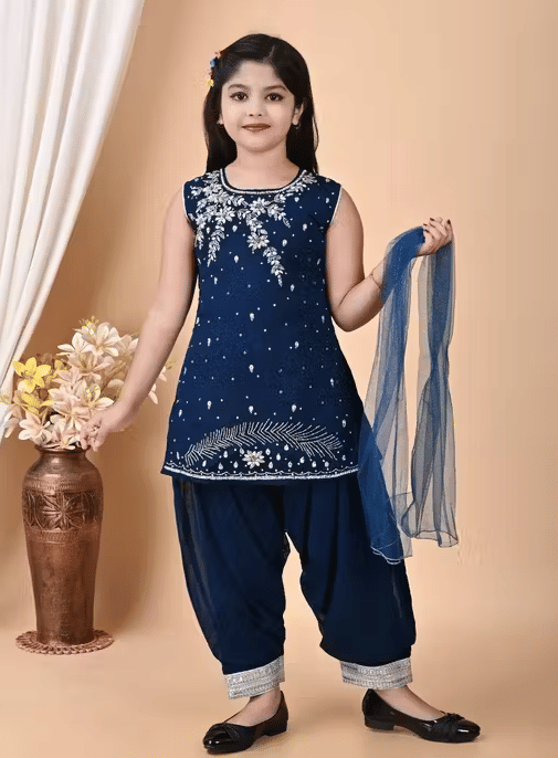     			DS DRESSES Girls Georgette Kurti with Pants ( Pack of 2 , Blue )