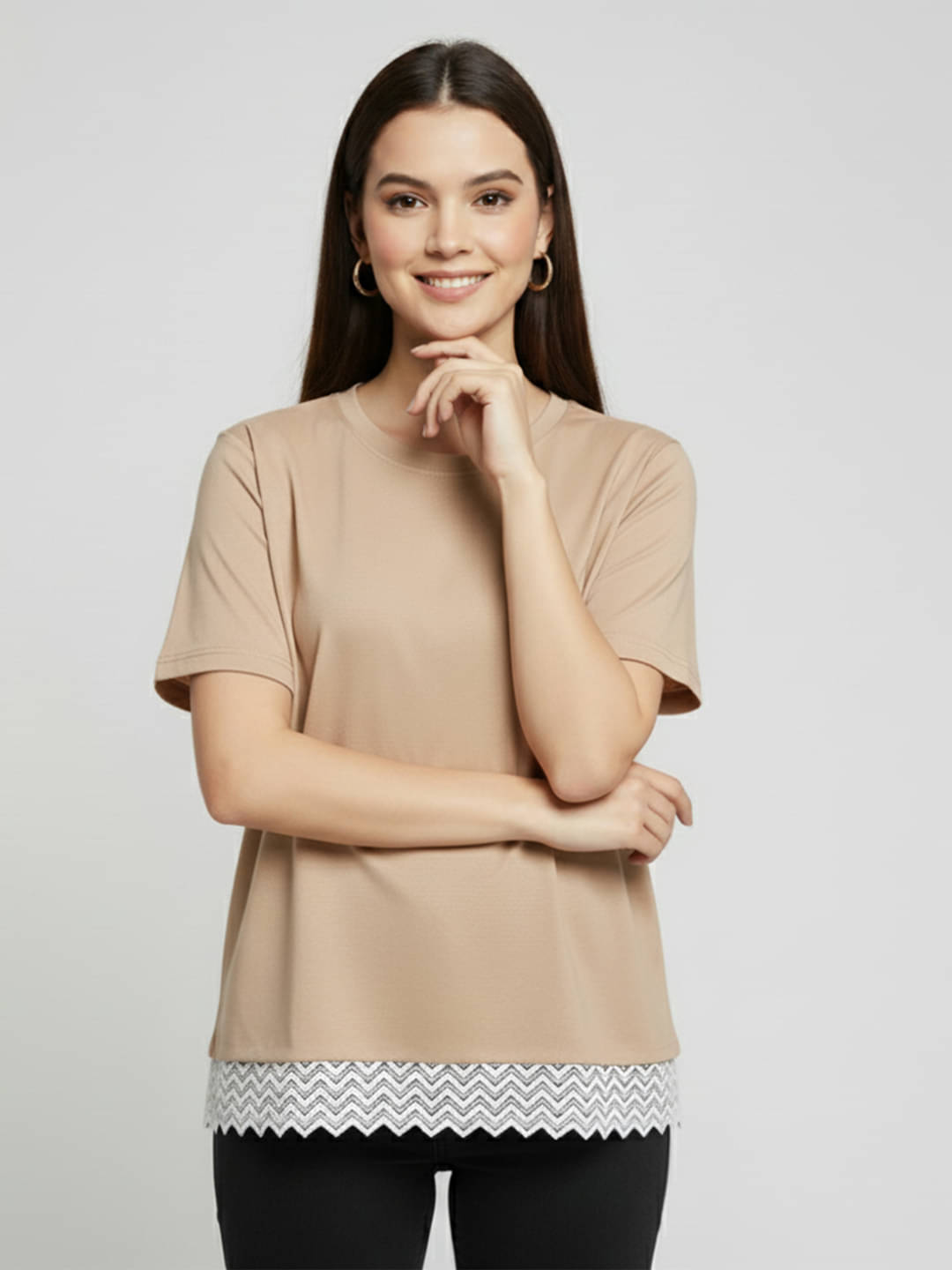     			DTR FASHION Women Cotton Solid Regular Fit Round Neck T-Shirt ( Beige )