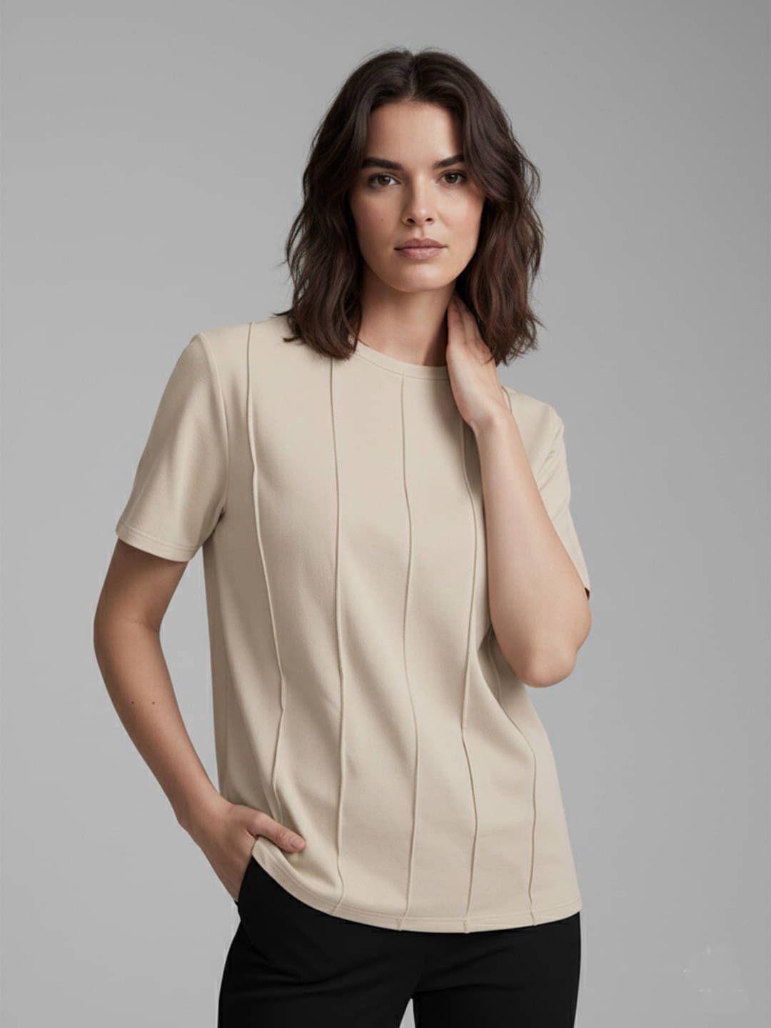     			DTR FASHION Women Cotton Solid Regular Fit Round Neck T-Shirt ( Beige )