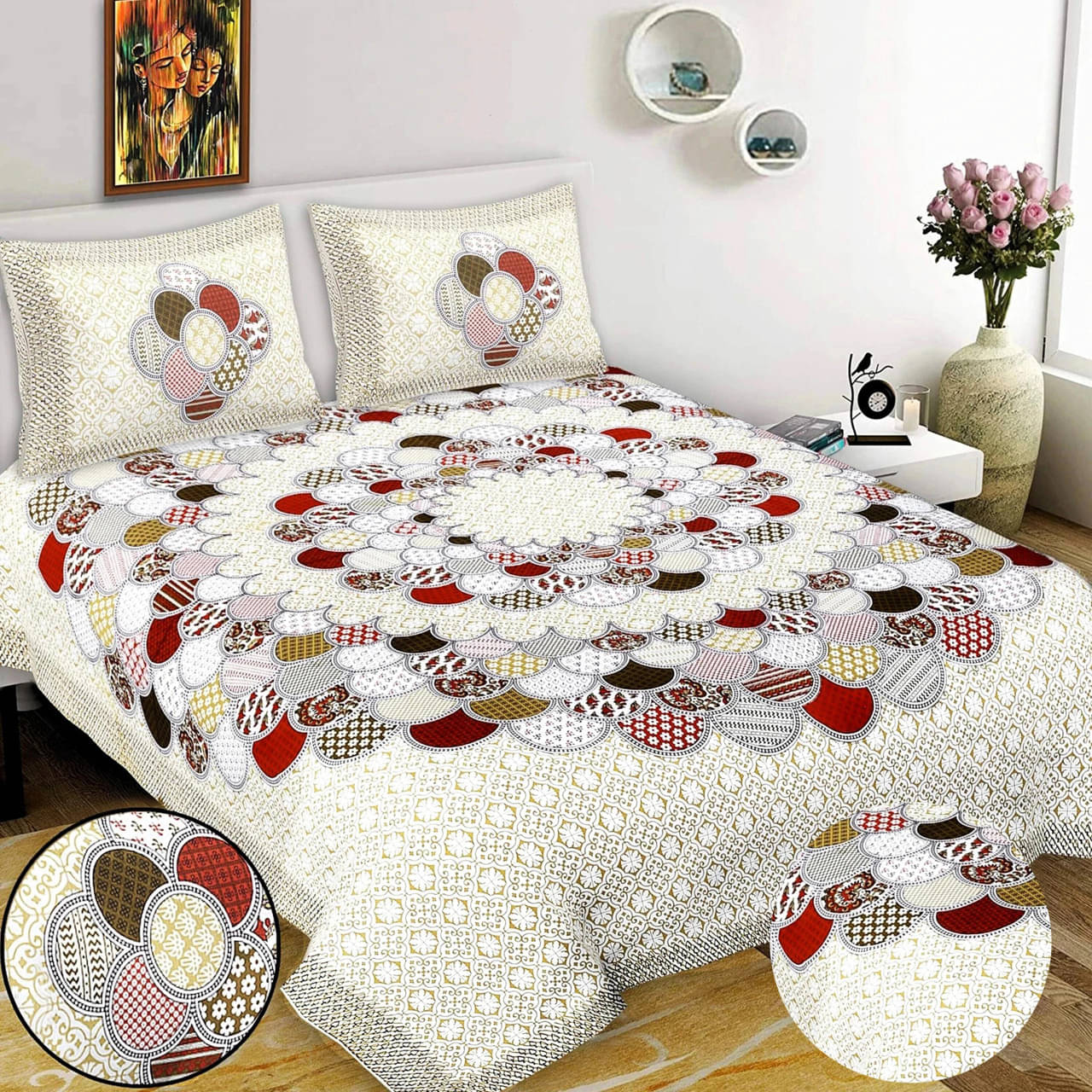 Dgsm Craft Cotton 1 Double Queen Bedsheet with 2 Pillow Covers ( Multicolor ) Dgsm Craft Cotton 1 Double Queen Bedsheet with 2 Pillow Covers ( Multicolor )