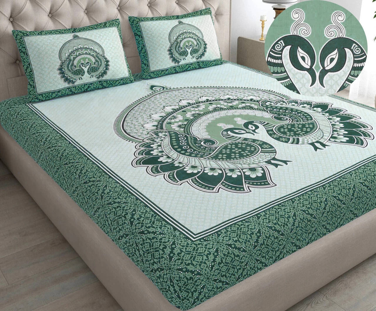 Dgsm Craft Cotton 1 Double Queen Bedsheet with 2 Pillow Covers ( Green )     			Dgsm Craft Cotton 1 Double Queen Bedsheet with 2 Pillow Covers ( Green )