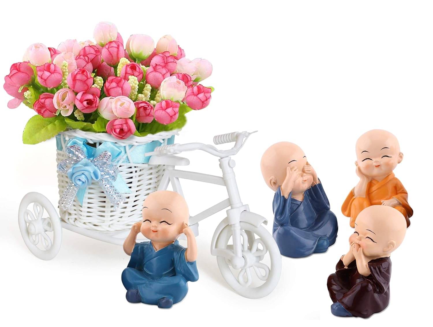     			Doon Set of 4 Buddha Monks Figurines Showpiece with Cycle Shape Flower Vase & Artificial Flowers | Decorative Showpiece for Table, Wall Shelf, Living Room, Home & Office (Multicolor)