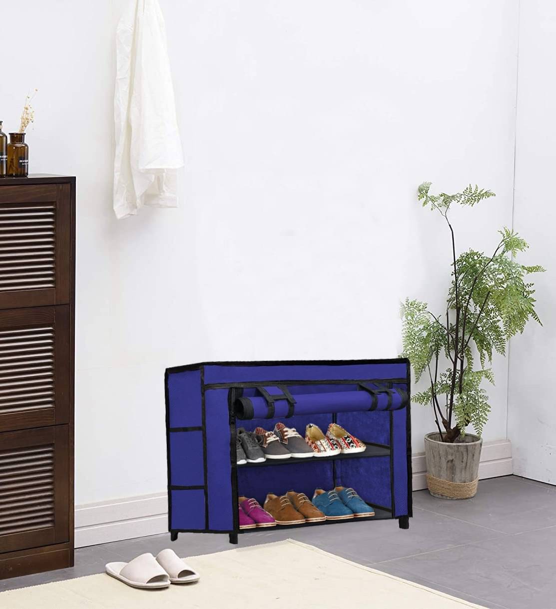     			Durable Blue Shoe Rack with Metal Frame & Plastic Joints – 2 Tiers