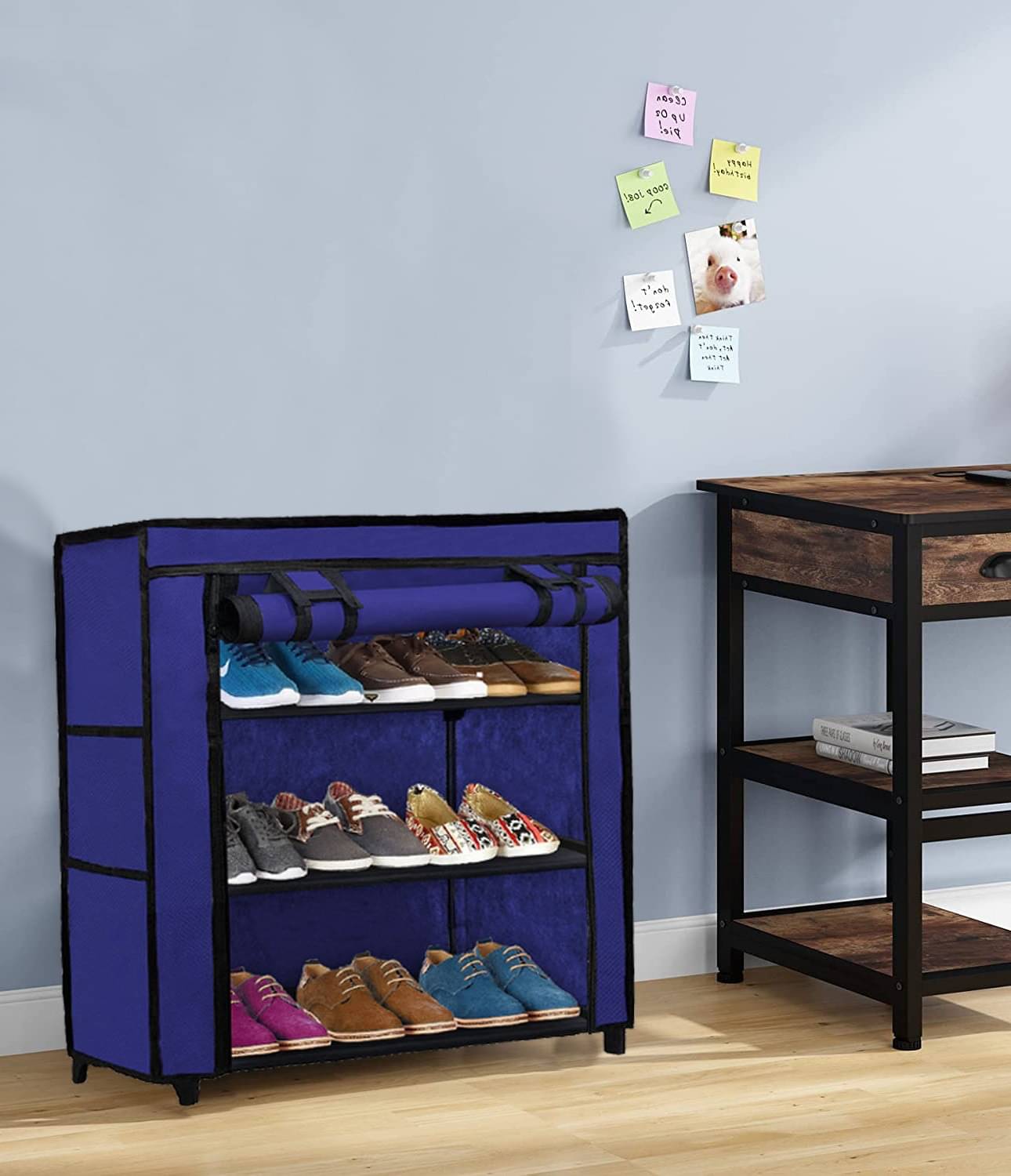     			Durable Blue Shoe Rack with Metal Frame & Plastic Joints – 3 Tiers