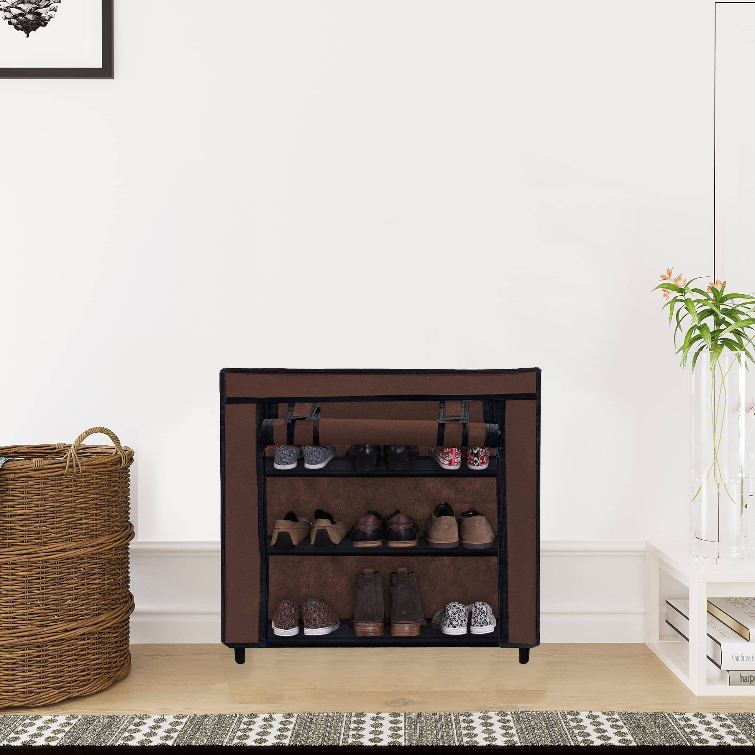     			Durable Brown Shoe Rack with Metal Frame & Plastic Joints – 3 Tiers