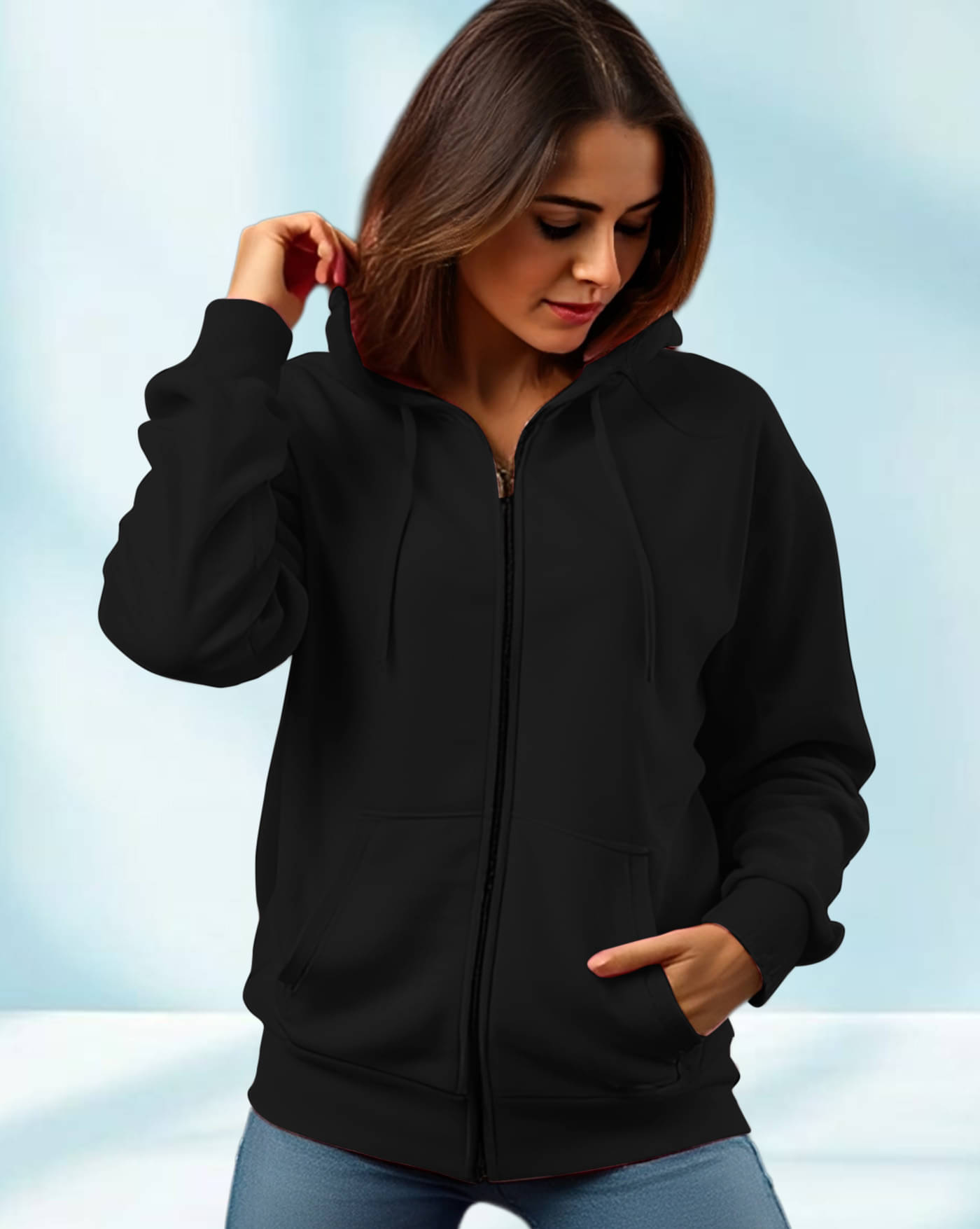 ENITOR Women Fleece Hooded Sweatshirt For Light Winters ( Black )     			ENITOR Women Fleece Hooded Sweatshirt For Light Winters ( Black )