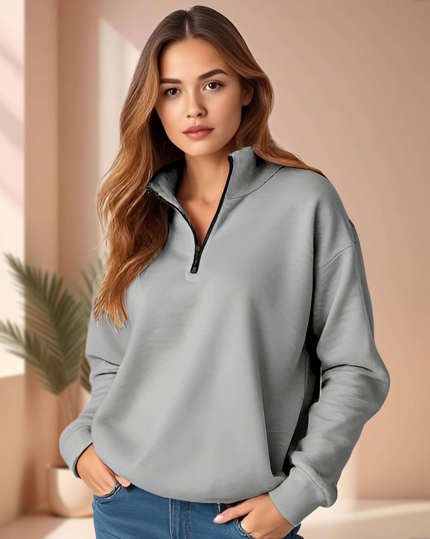 ENITOR Women Fleece Mandarin Collar Sweatshirt For Light Winters ( Grey ) ENITOR Women Fleece Mandarin Collar Sweatshirt For Light Winters ( Grey )