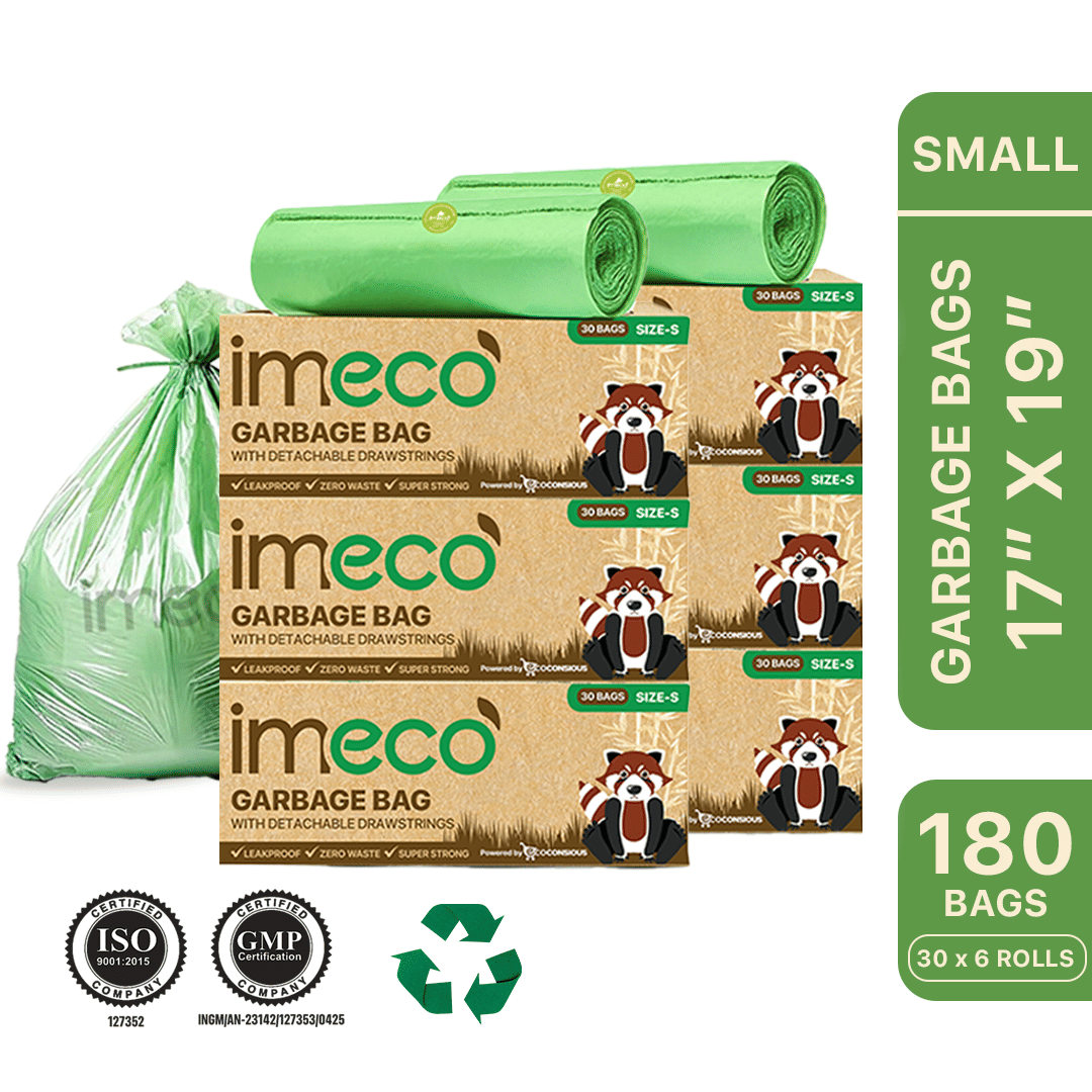     			Eco-Friendly Garbage Bags | 180 Pcs | Small - 17 X 19 Inches | 30 Pcs x 6 Rolls | Green | Dustbin/Trash Bags with Detachable Drawstrings | Perfect for Dry & Wet Waste