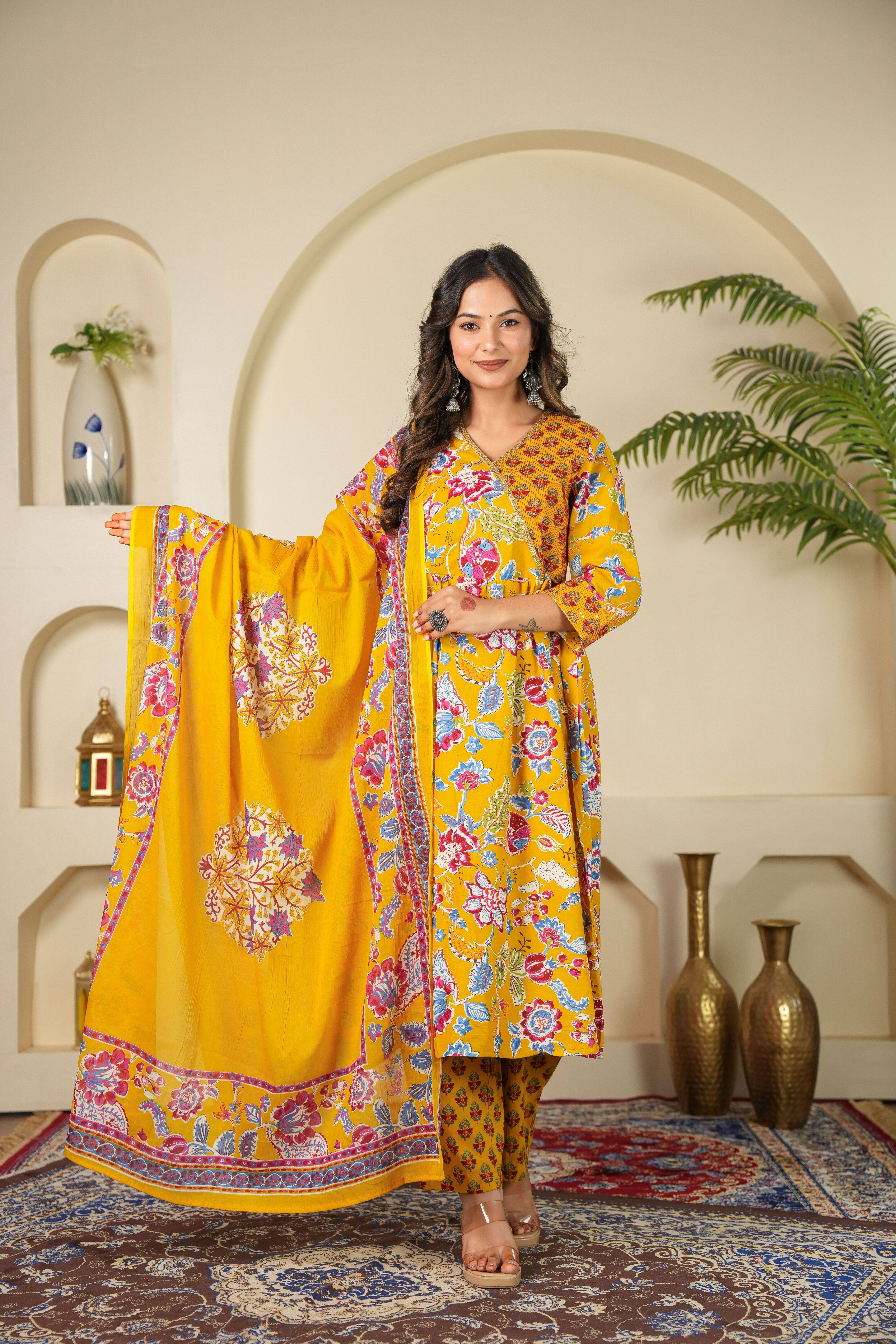 Greyshade Women Cotton Printed Straight Kurti With Salwar ( Yellow ) Greyshade Women Cotton Printed Straight Kurti With Salwar ( Yellow )