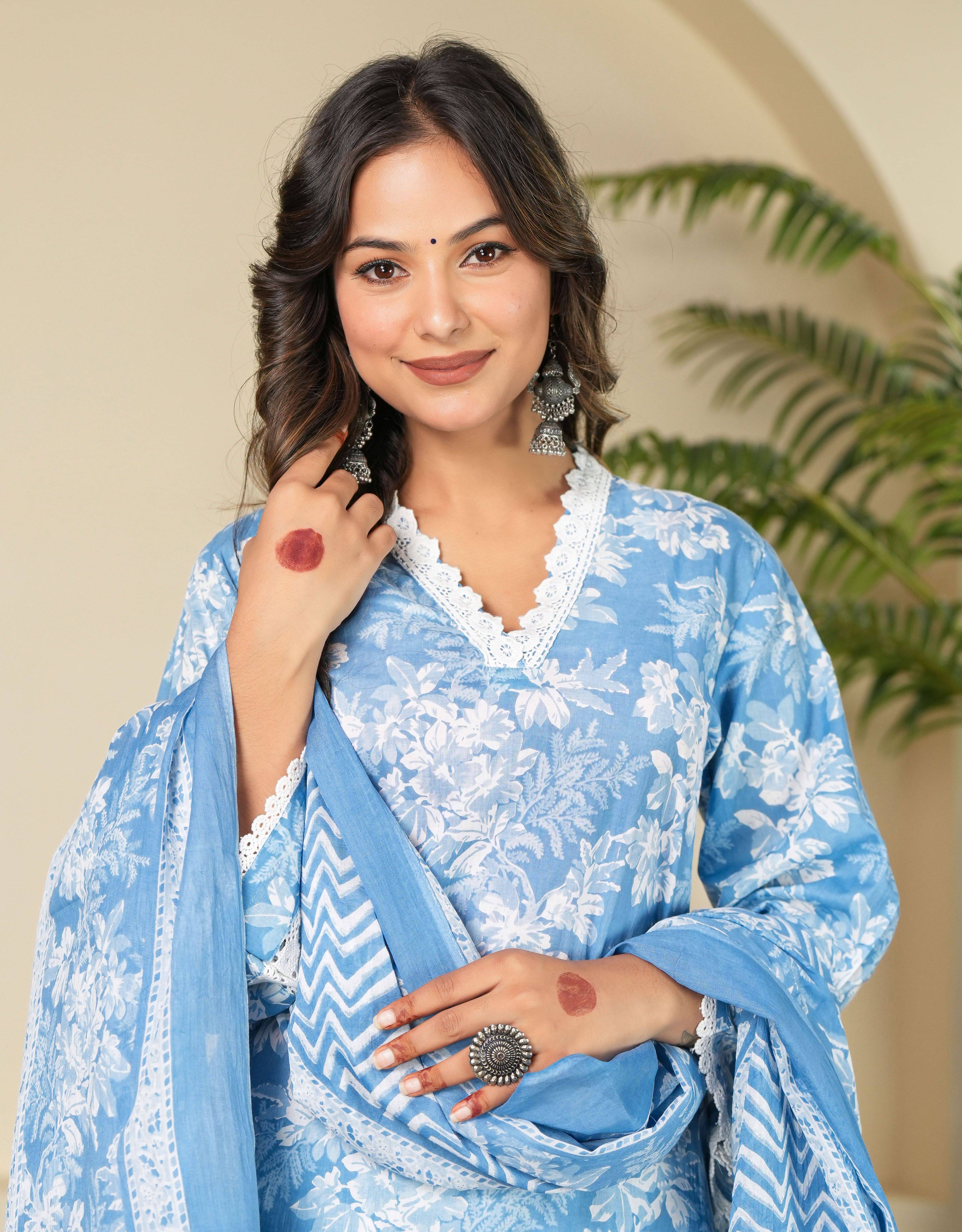 Greyshade Women Cotton Printed Straight Kurti With Salwar ( Blue )     			Greyshade Women Cotton Printed Straight Kurti With Salwar ( Blue )