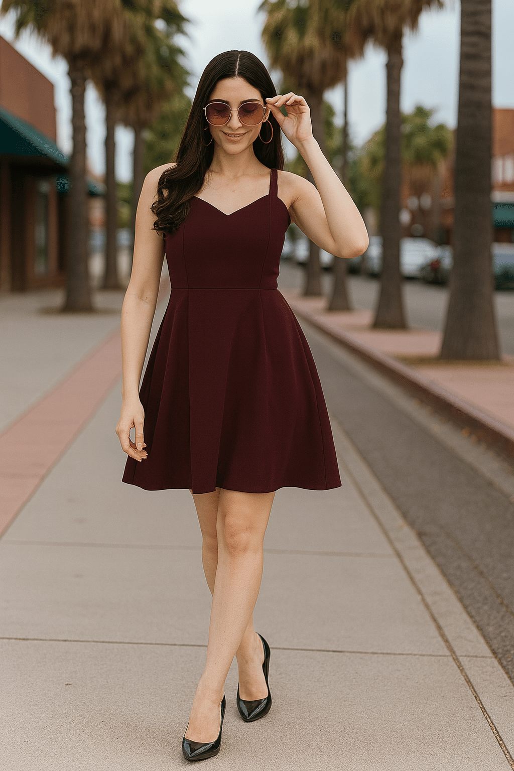 HUEGENZ Women Nylon Solid Fit & Flare Dress ( Wine ) HUEGENZ Women Nylon Solid Fit & Flare Dress ( Wine )